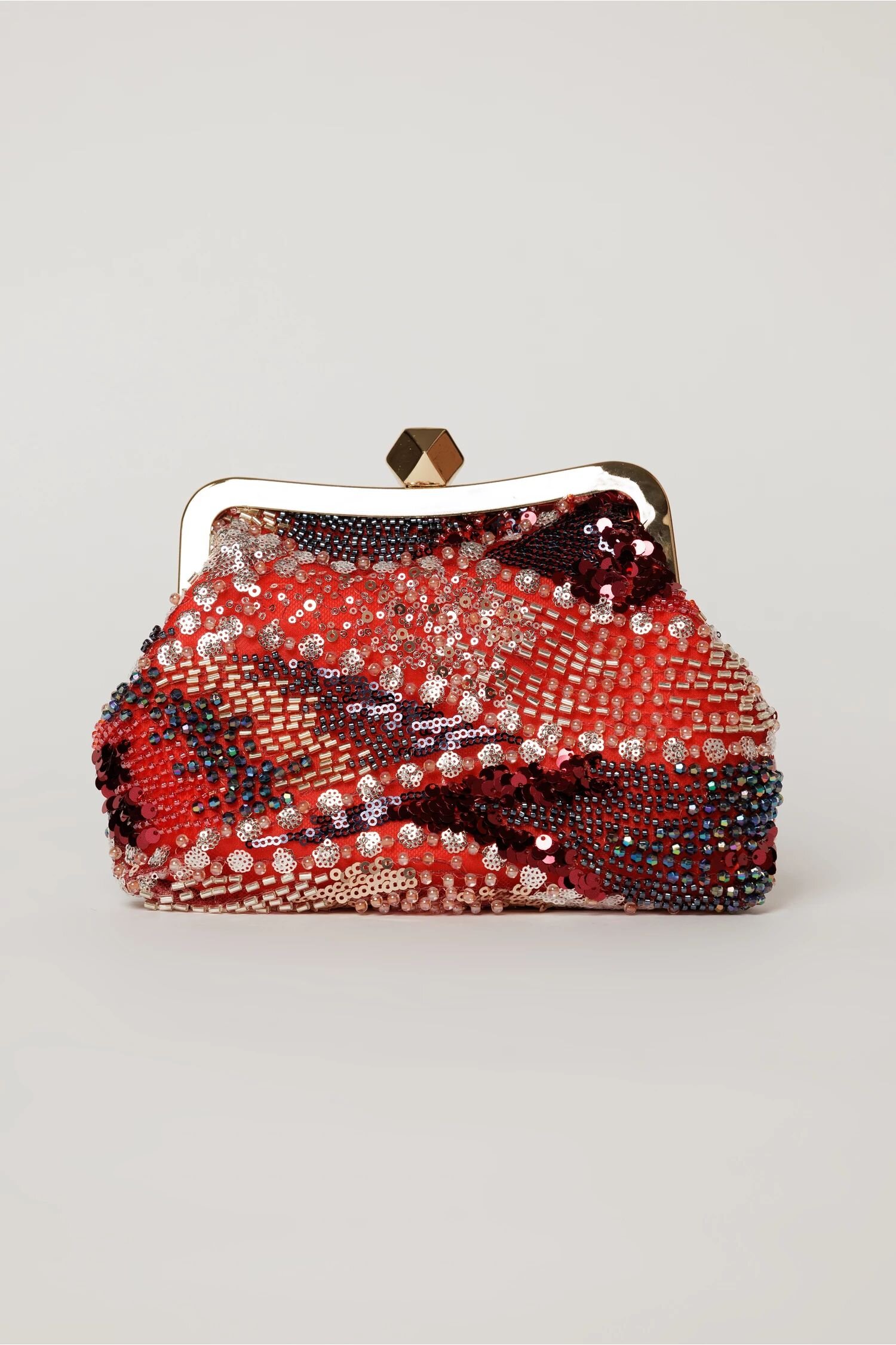  Clutch plic rosu cu paiete si margele multicolore