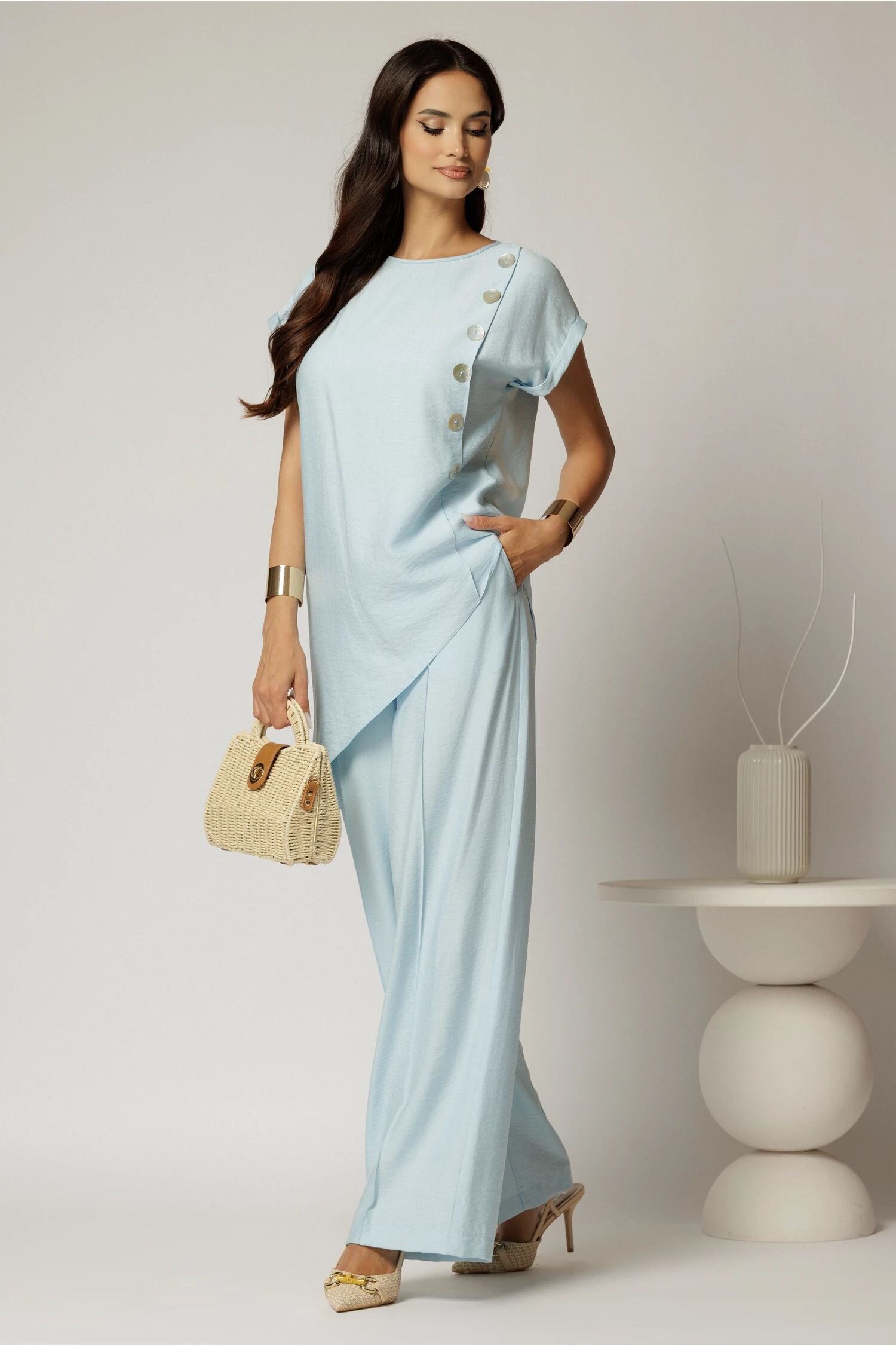  Compleu bleu din viscoza din bluza asimetrica si pantalon lejer