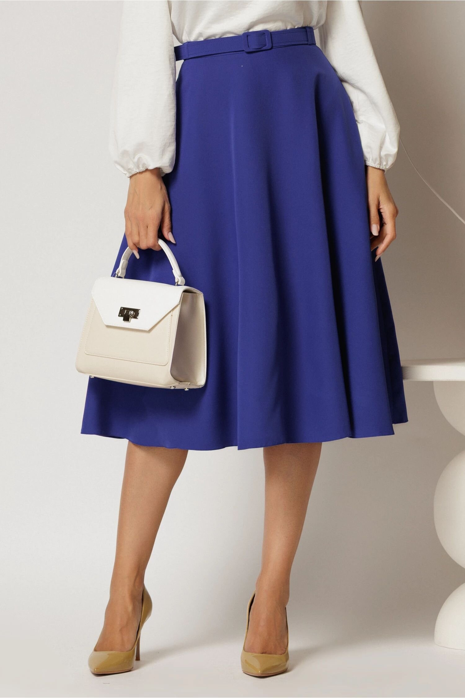  Fusta DY Fashion midi clos albastra si curea in talie