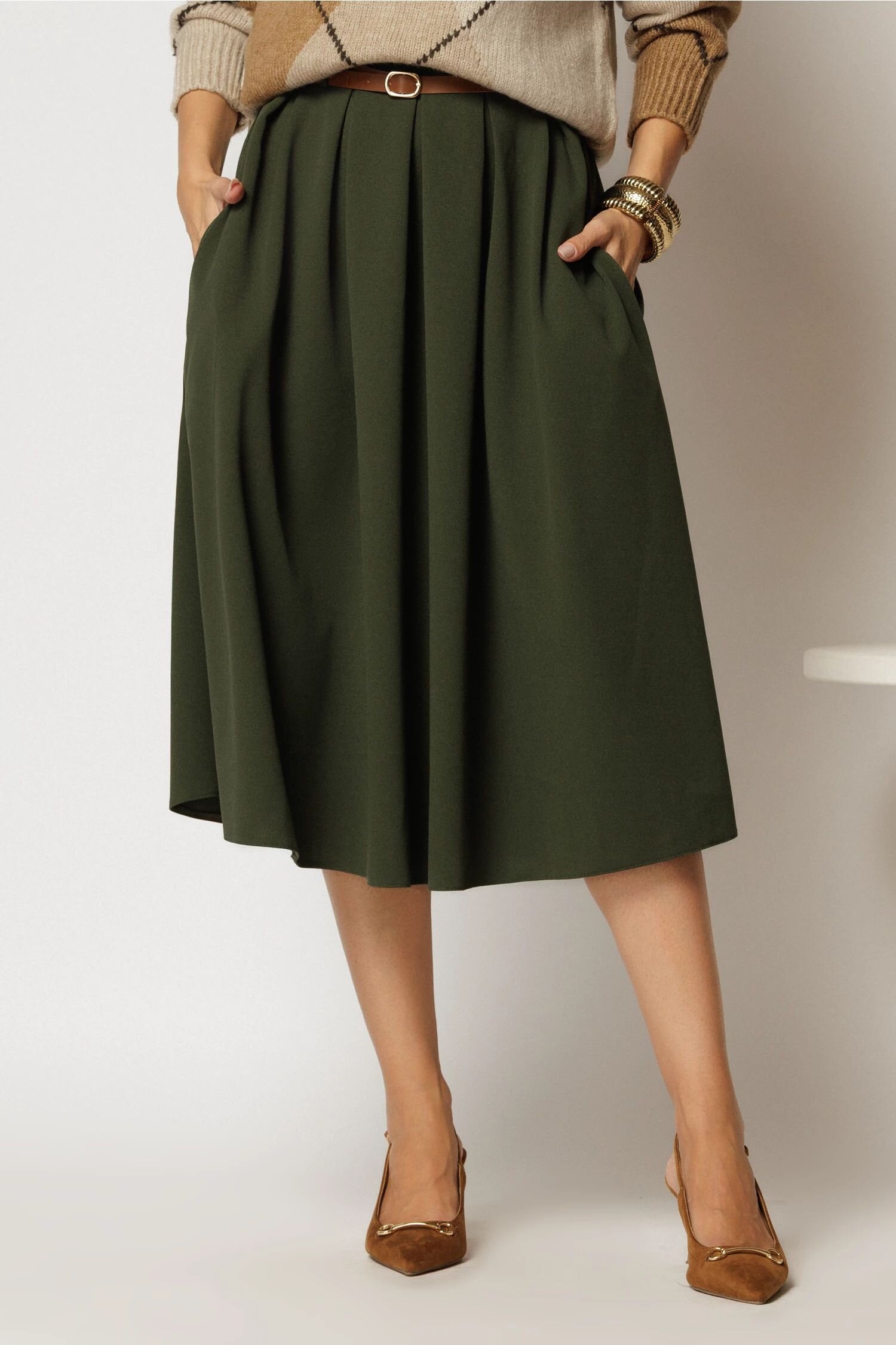  Fusta DY Fashion midi kaki din crep cu pliuri si curea in talie