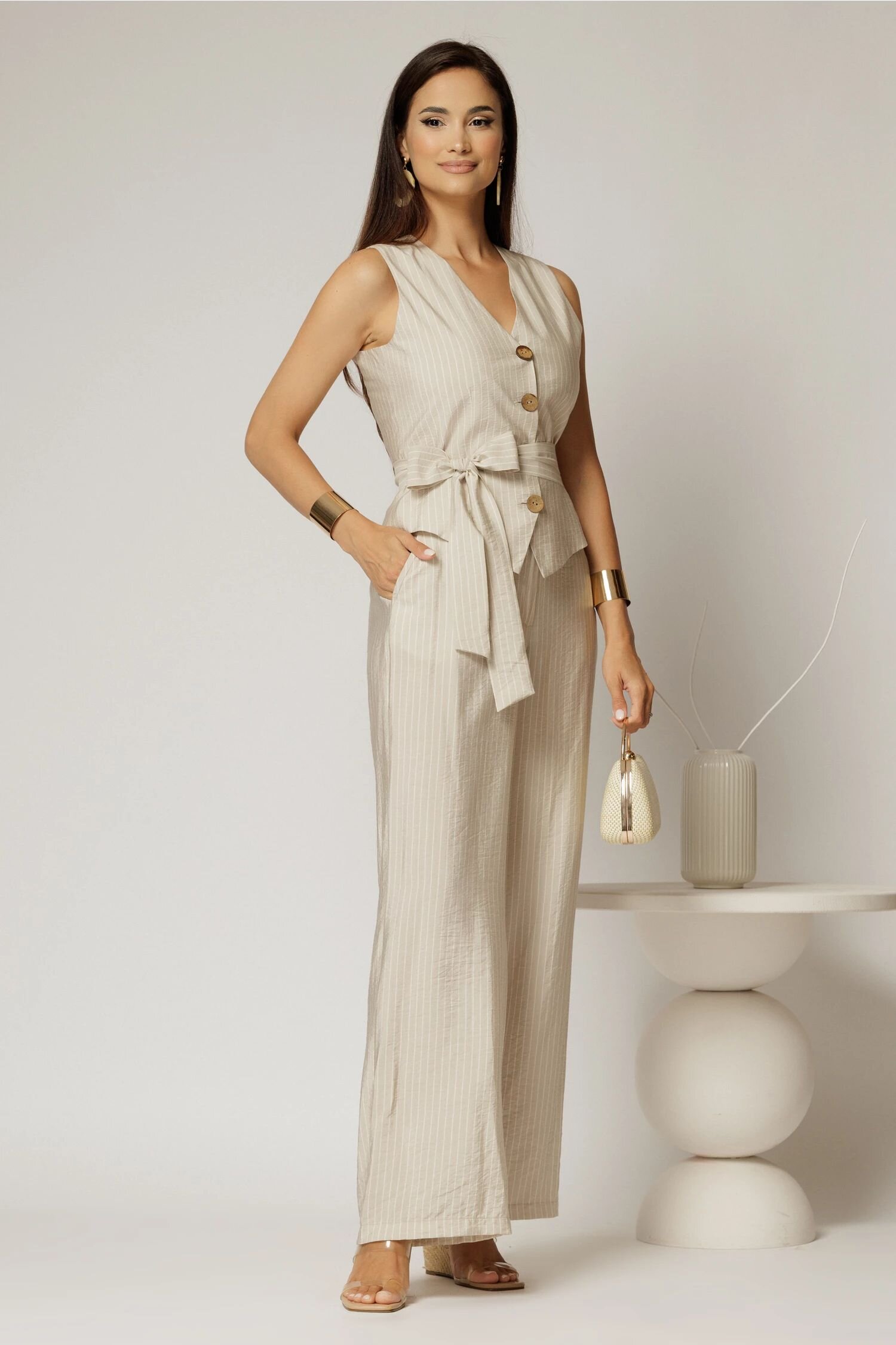  Pantaloni bej cu dungi din rayon cu croi lejer si cordon in talie