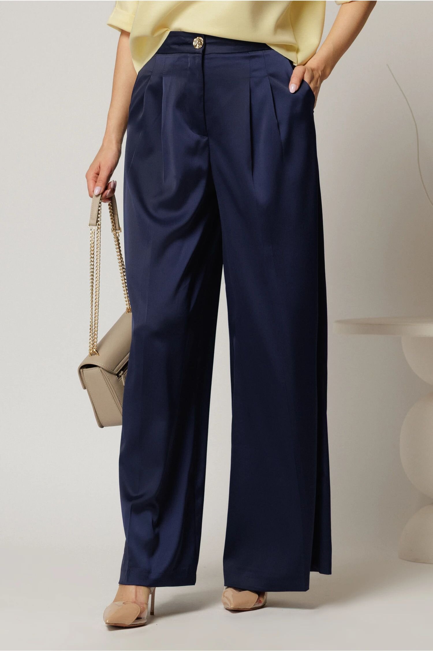  Pantaloni dama bleumarin din satin cu croi larg