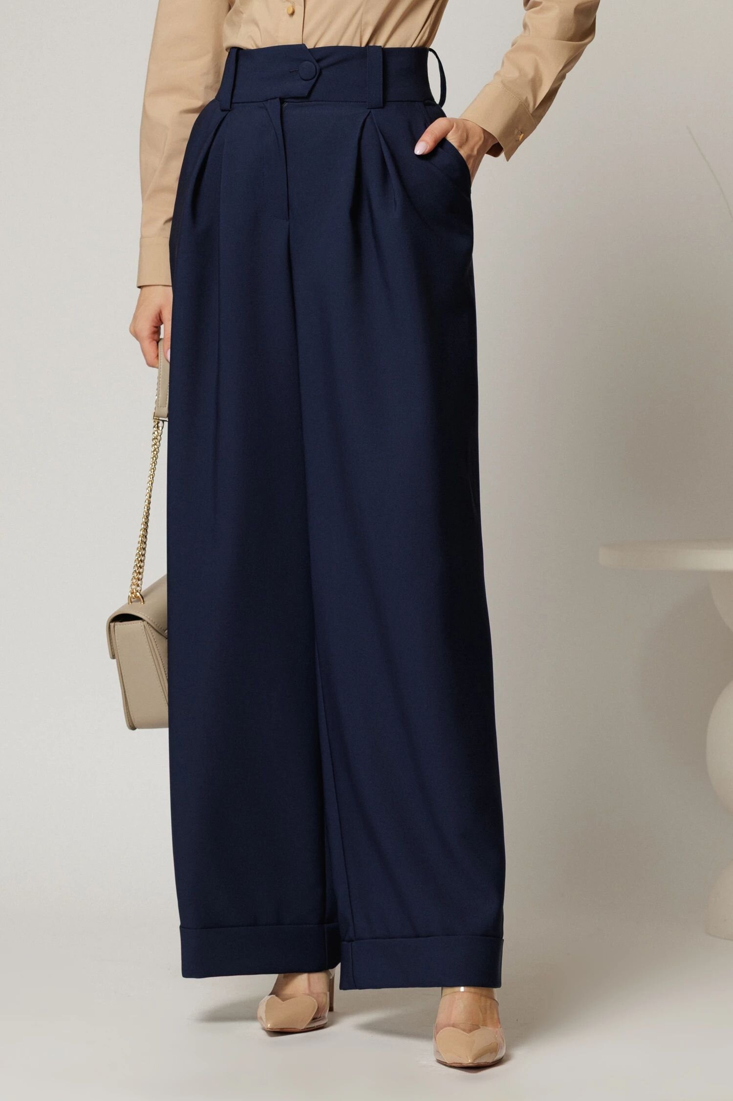  Pantaloni DY Fashion bleumarin cu croi lejer si talie lata