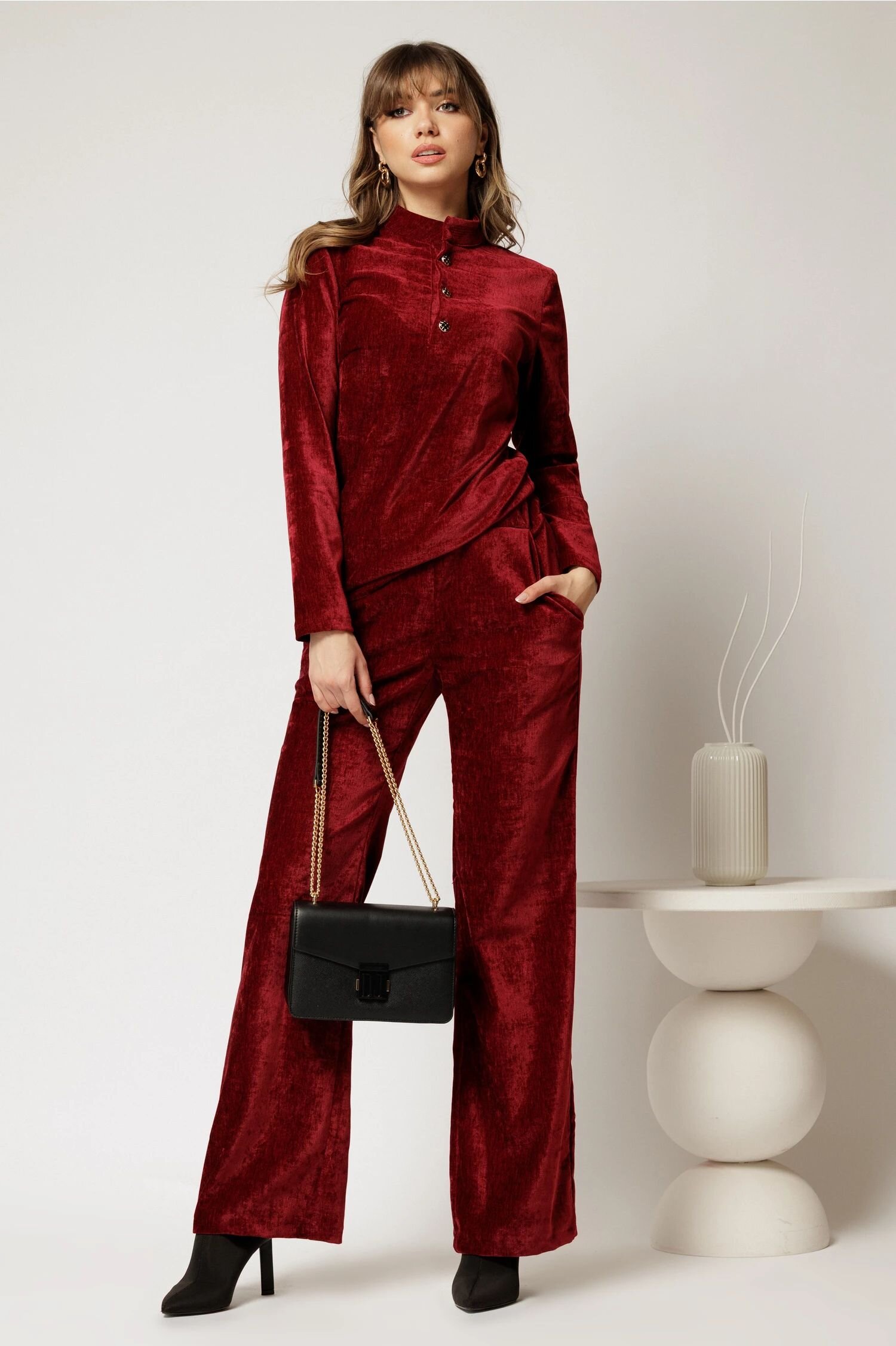  Pantaloni DY Fashion bordo din catifea velurata casual eleganti
