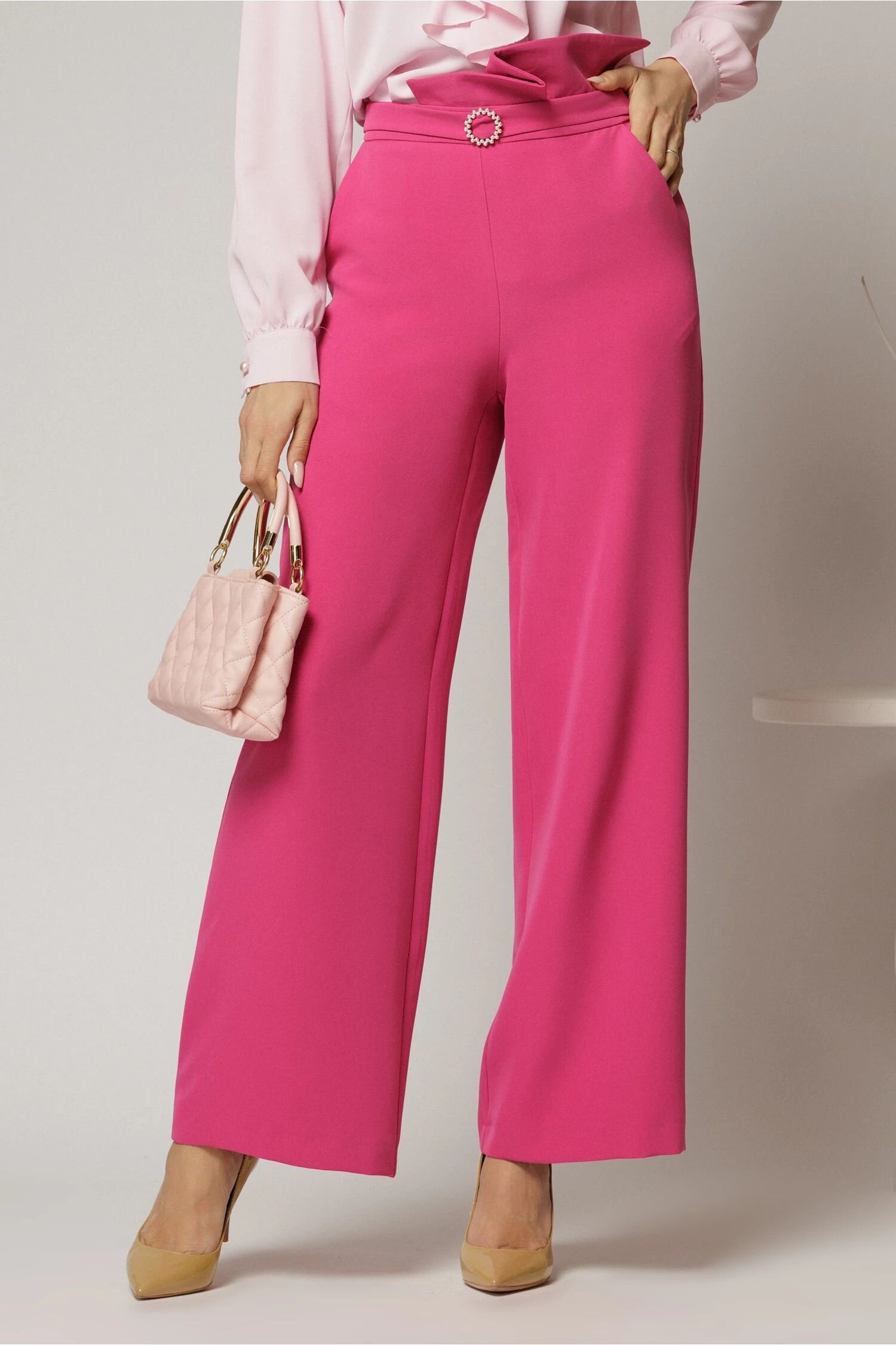  Pantaloni DY Fashion fucsia cu croi evazat si catarama in talie