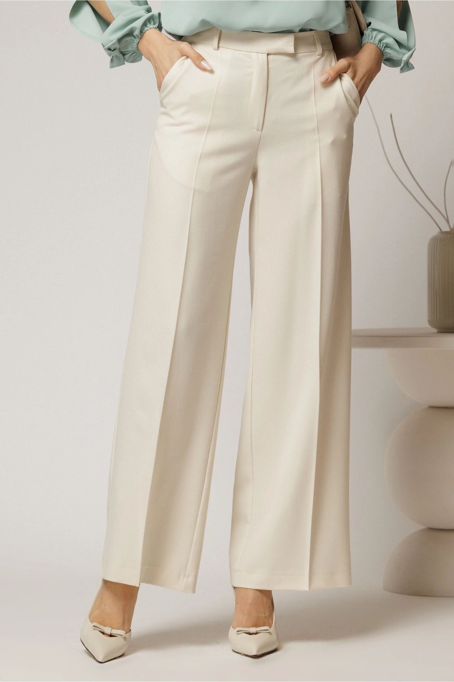  Pantaloni DY Fashion lungi ivoar din stofa si croi lejer
