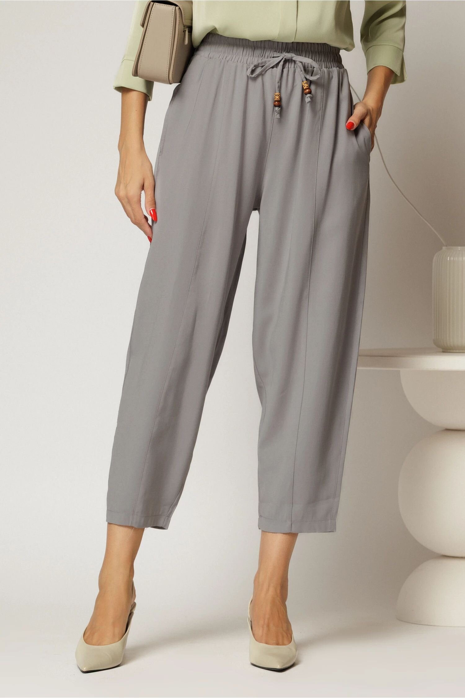  Pantaloni gri de zi din tencel cu snur si elastic pe talie