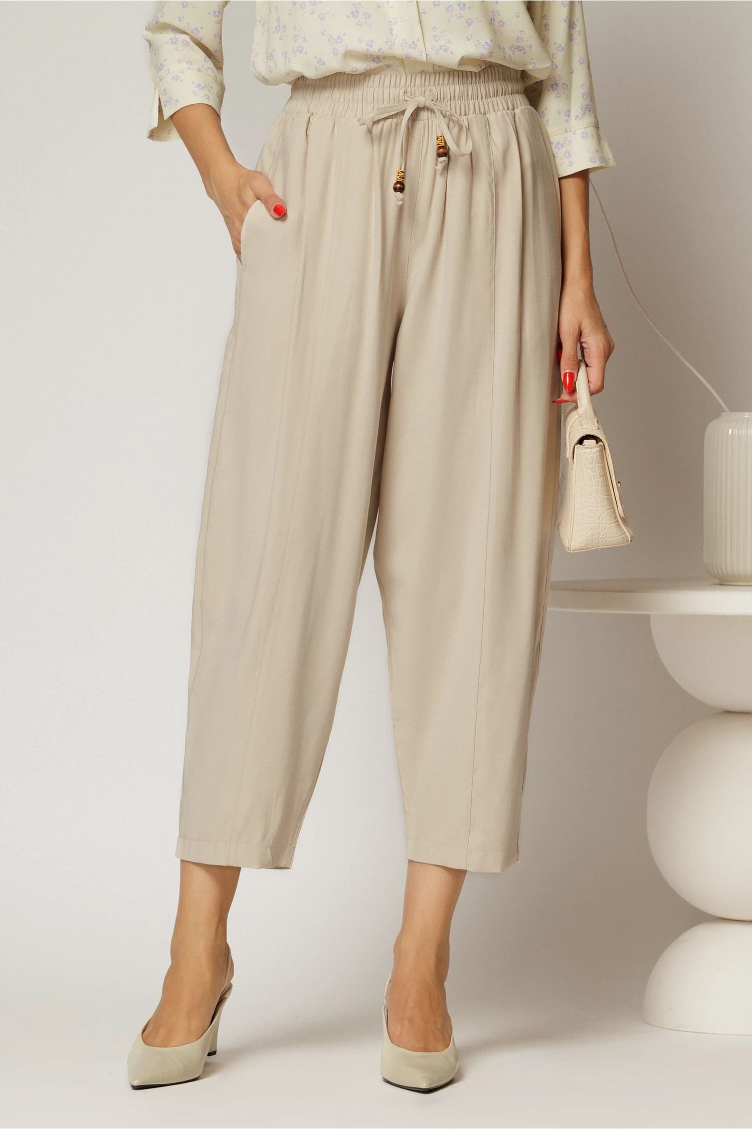  Pantaloni ivoire de zi din tencel cu snur si elastic pe talie