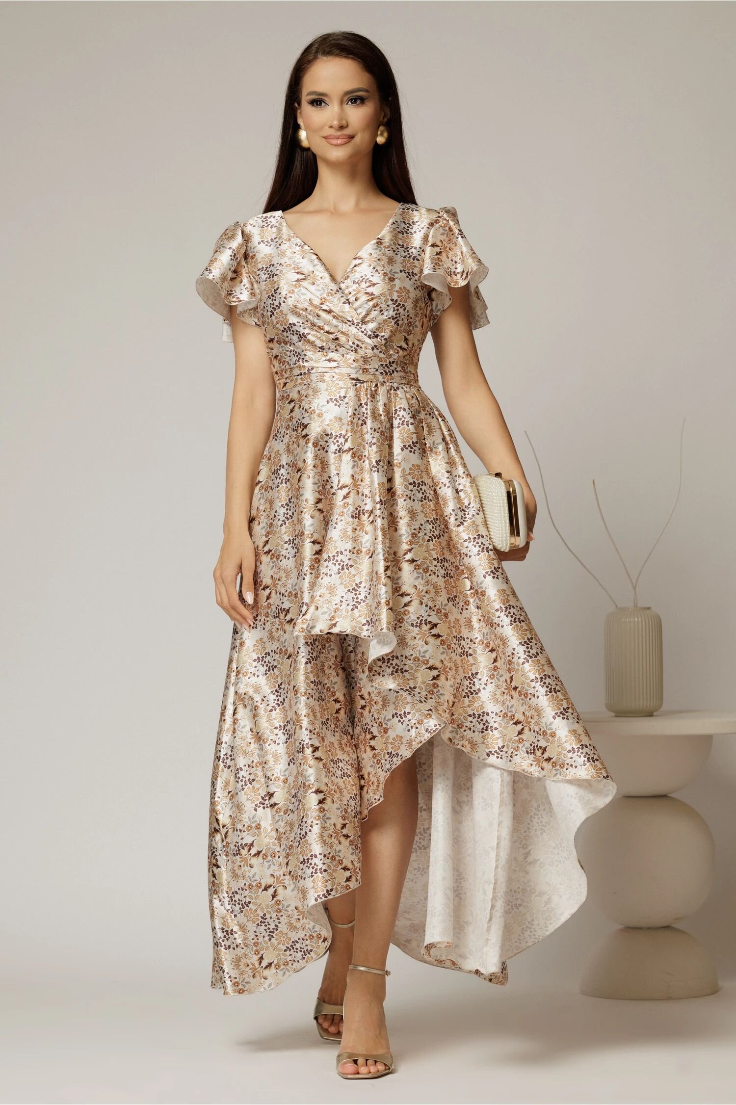 Rochie asimetrica din satin cu imprimeuri bej si decolteu petrecut