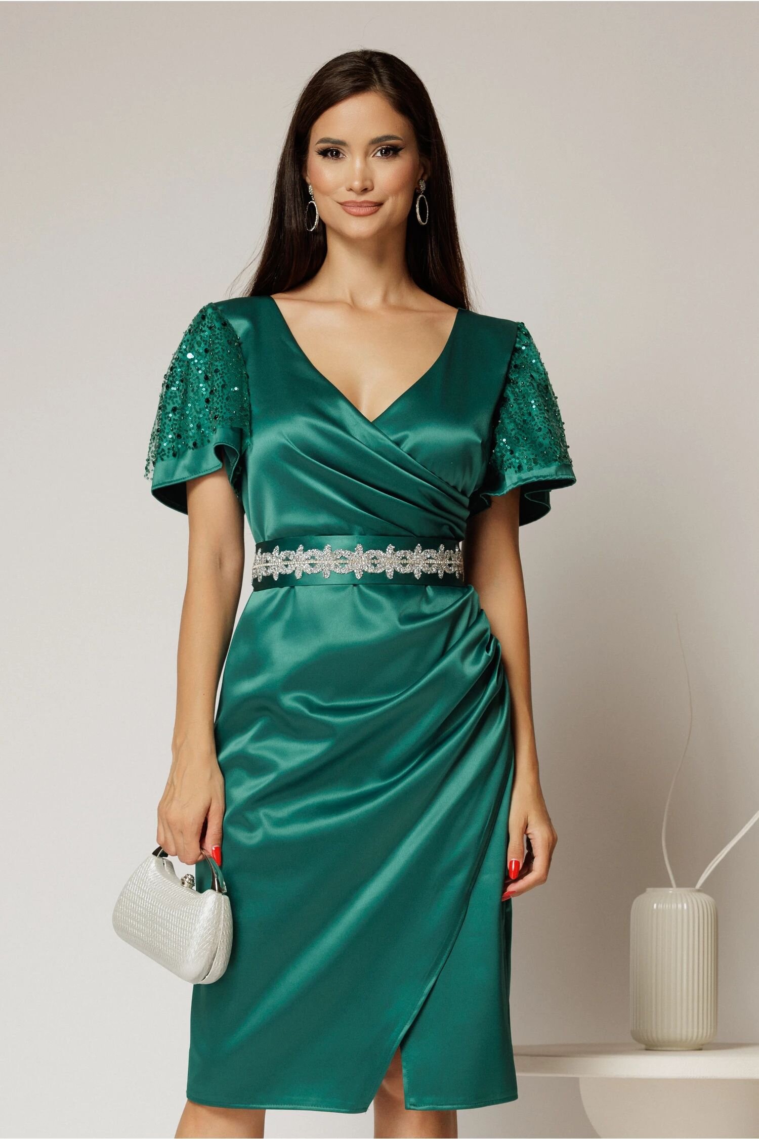  Rochie Atena verde cu maneci scurte si cordon in talie