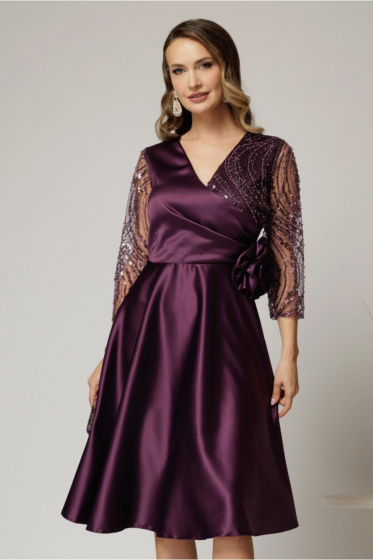  Rochie Azaleea midi mov din tafta cu paiete la bust si funda maxi in talie