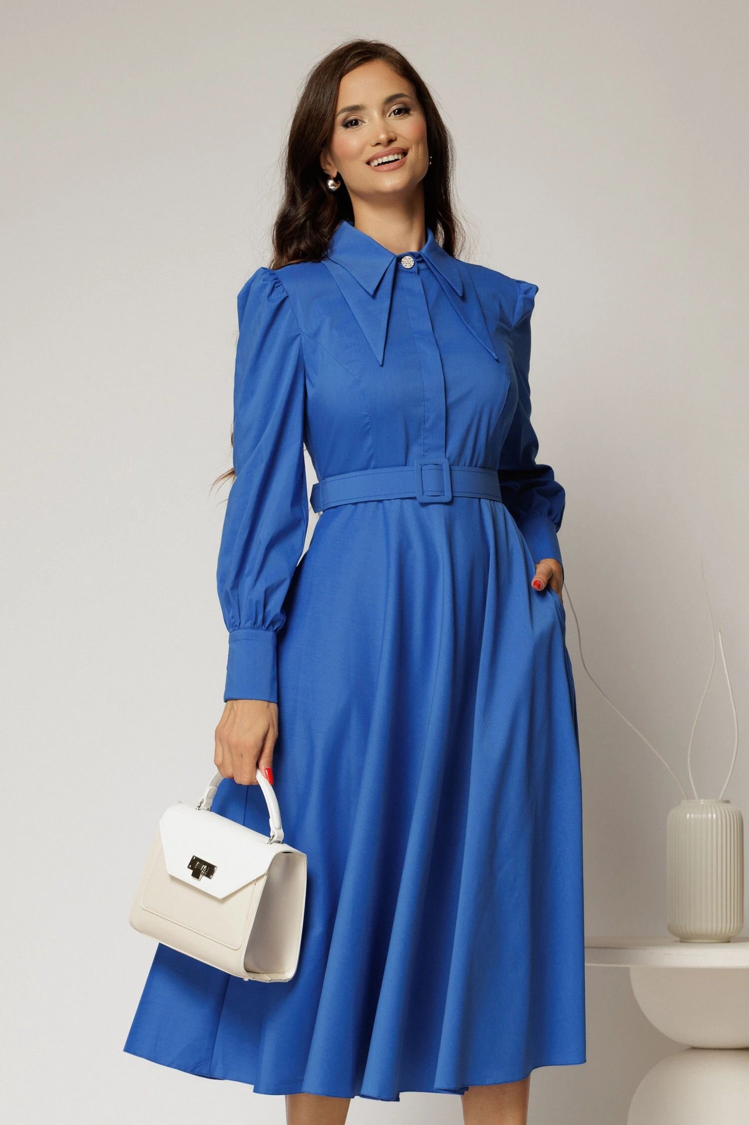  Rochie DY Fashion albastra din poplin cu guler dublu si curea in talie