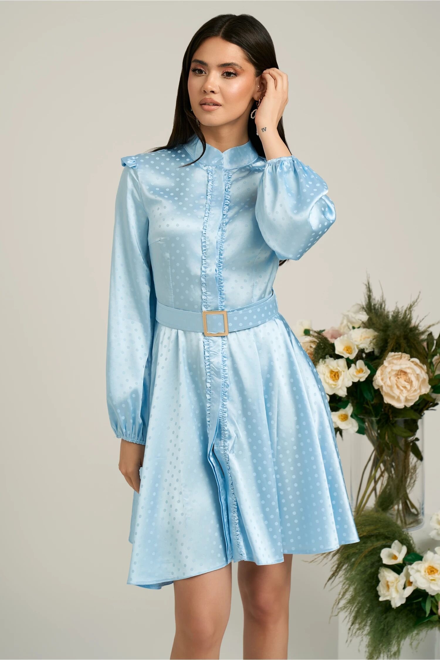  Rochie Dy Fashion bleu cu buline si curea in talie