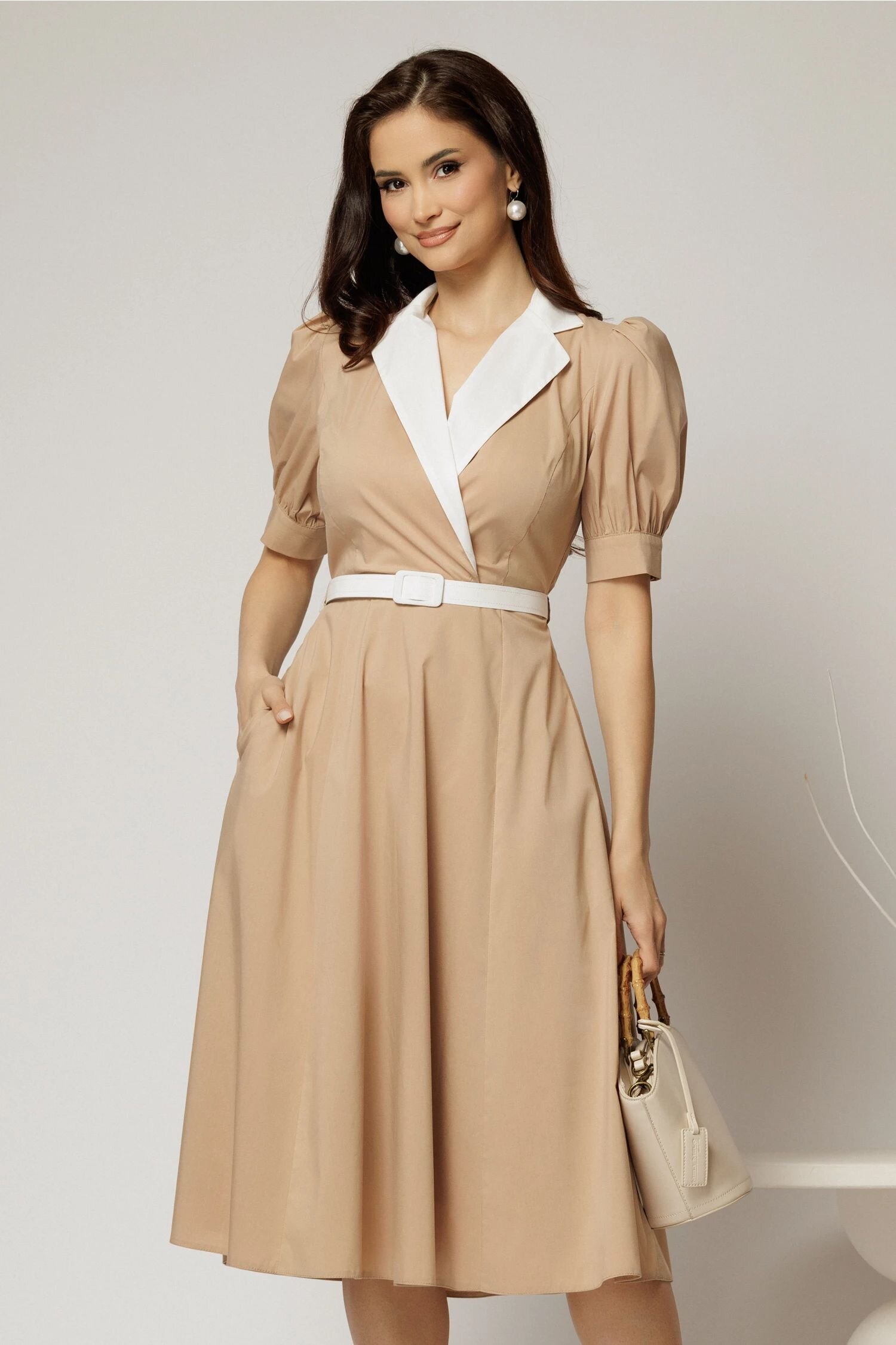  Rochie DY Fashion din poplin bej cu guler in contrast si curea in talie