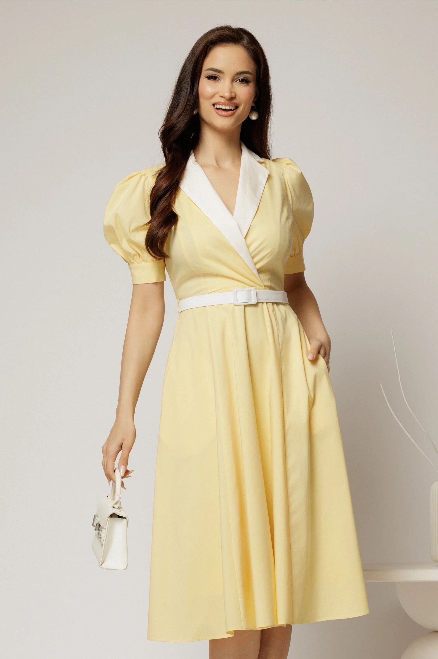  Rochie DY Fashion din poplin galben cu guler in contrast si curea in talie
