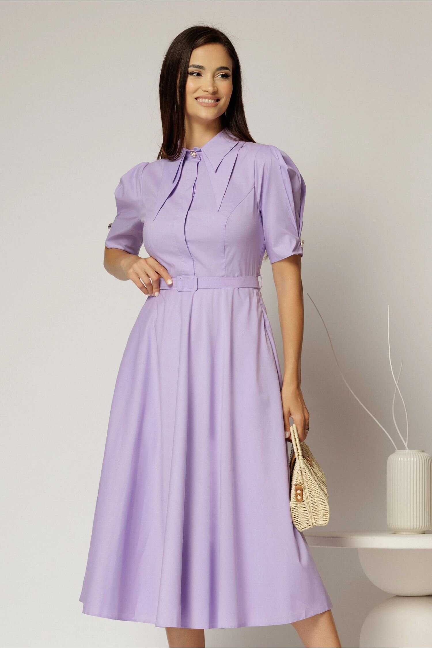  Rochie DY Fashion din poplin lila cu guler dublu si nasture la guler