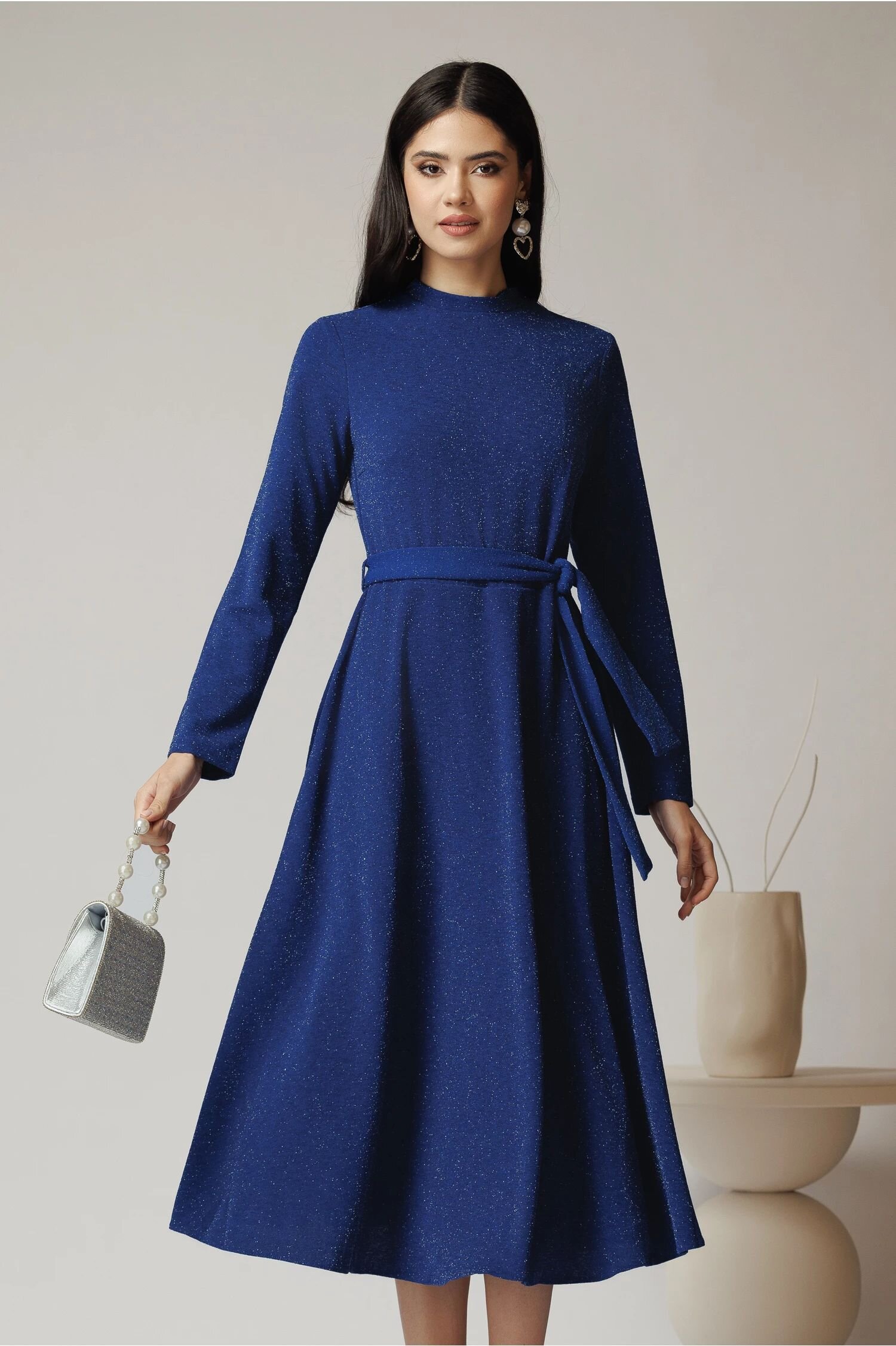  Rochie DY Fashion eleganta din lurex albastra cu cordon in talie