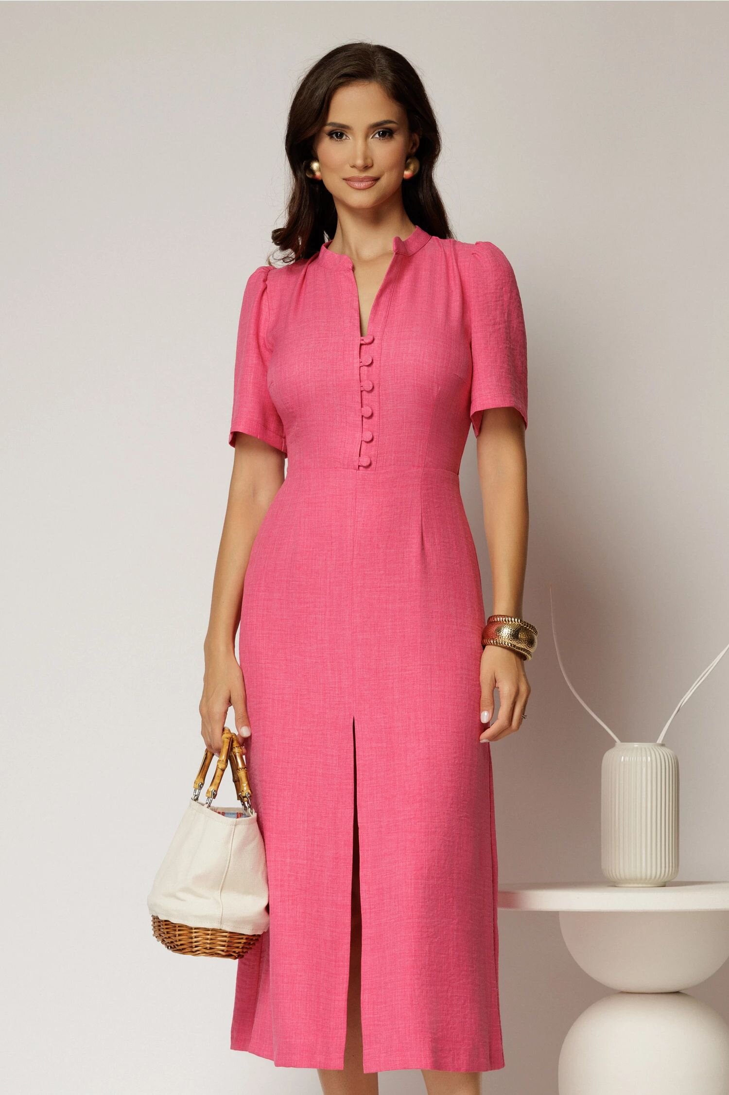  Rochie DY Fashion fucsia de zi de vara cu maneci scurte si nasturi la bust