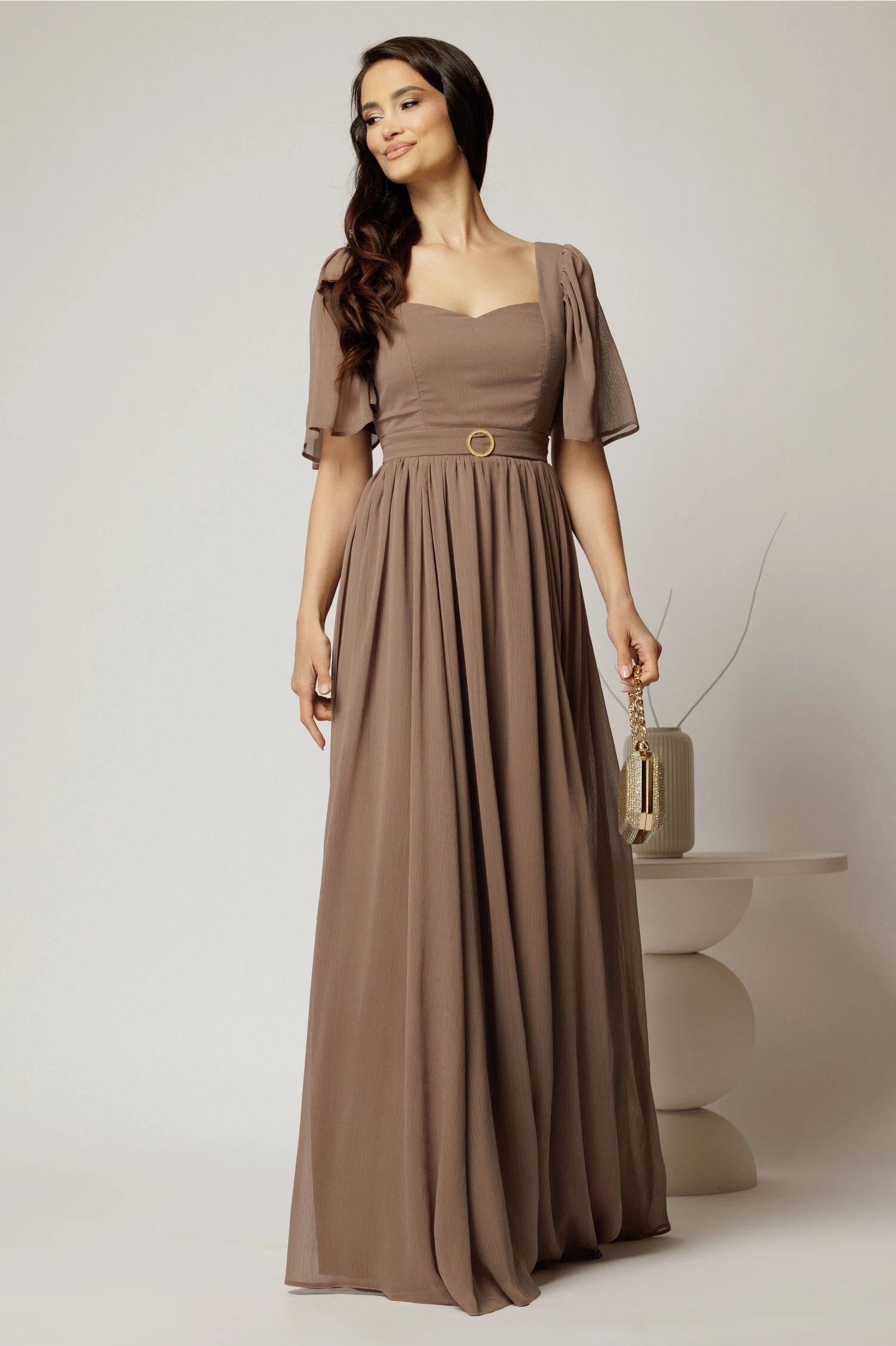  Rochie DY Fashion lunga maro de seara din voal cu decolteu inima