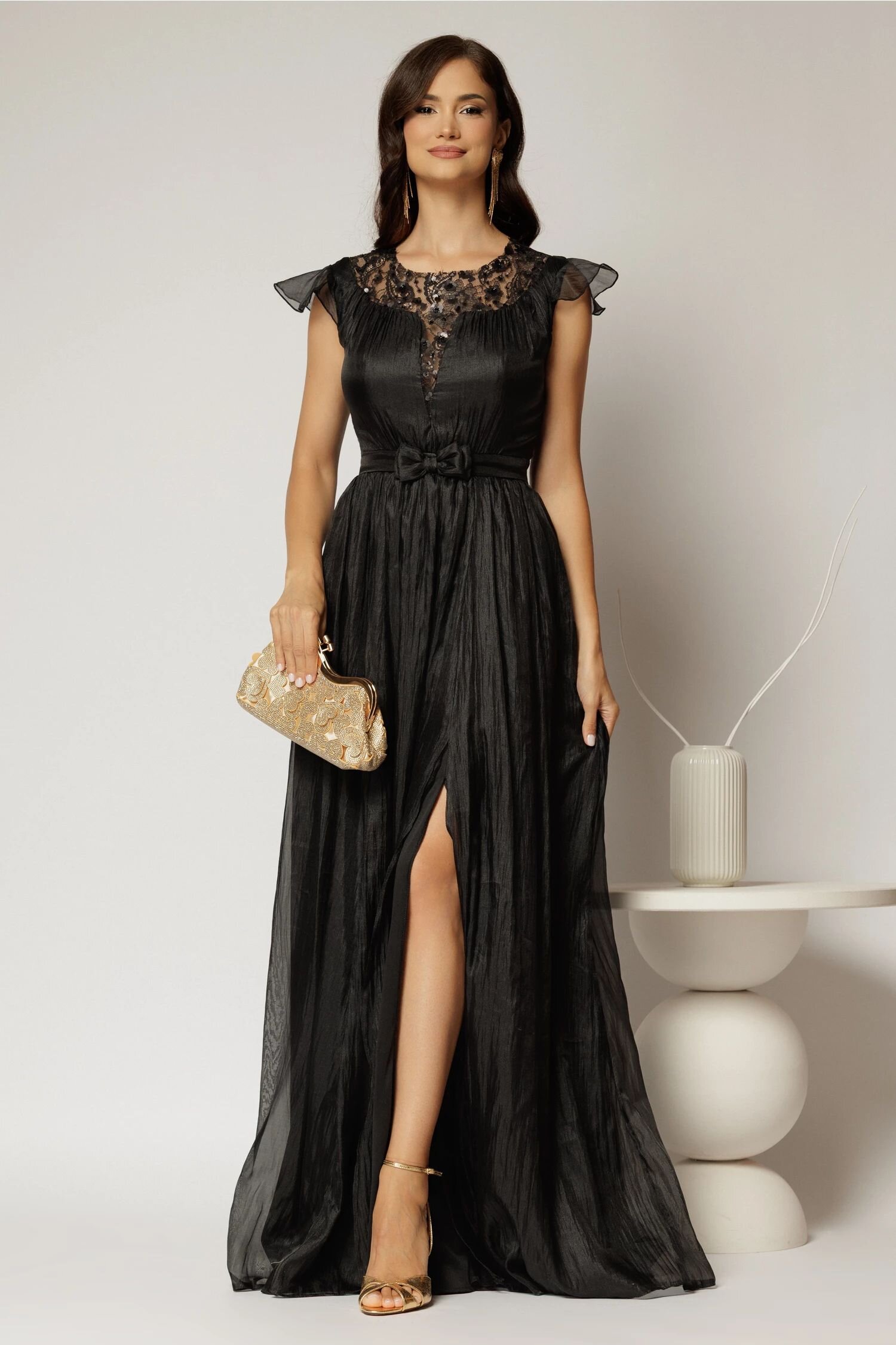  Rochie DY Fashion lunga neagra de seara din voal creponat si funda in talie
