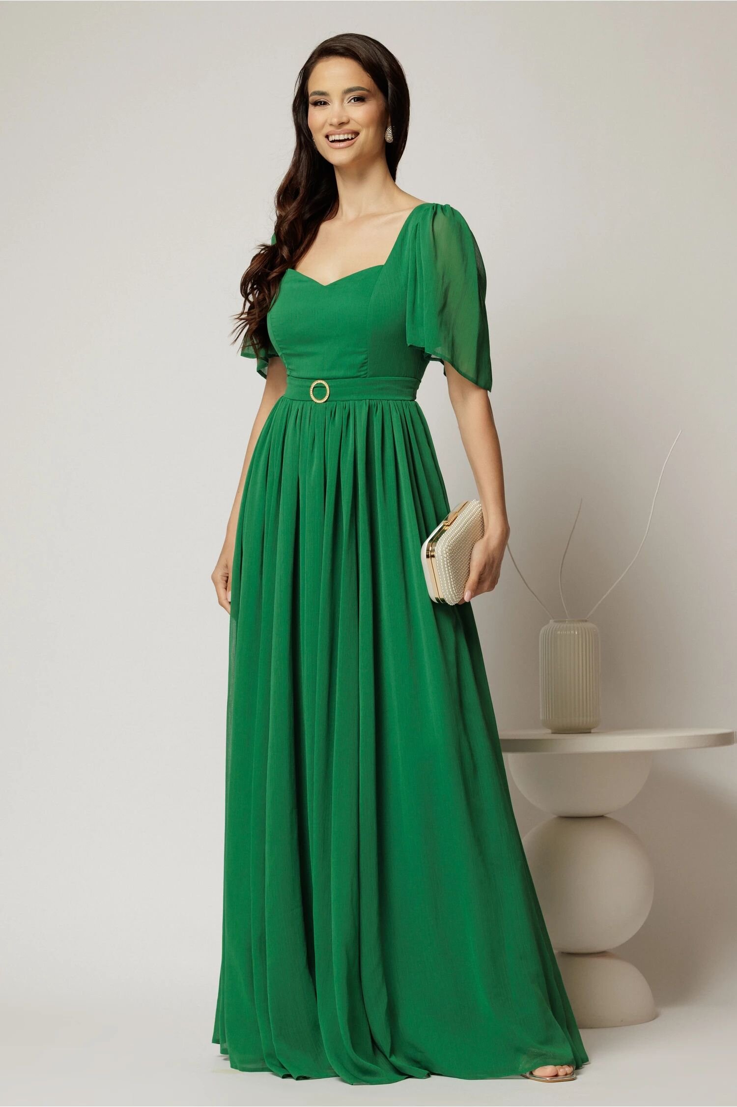  Rochie DY Fashion lunga verde de seara din voal cu decolteu inima