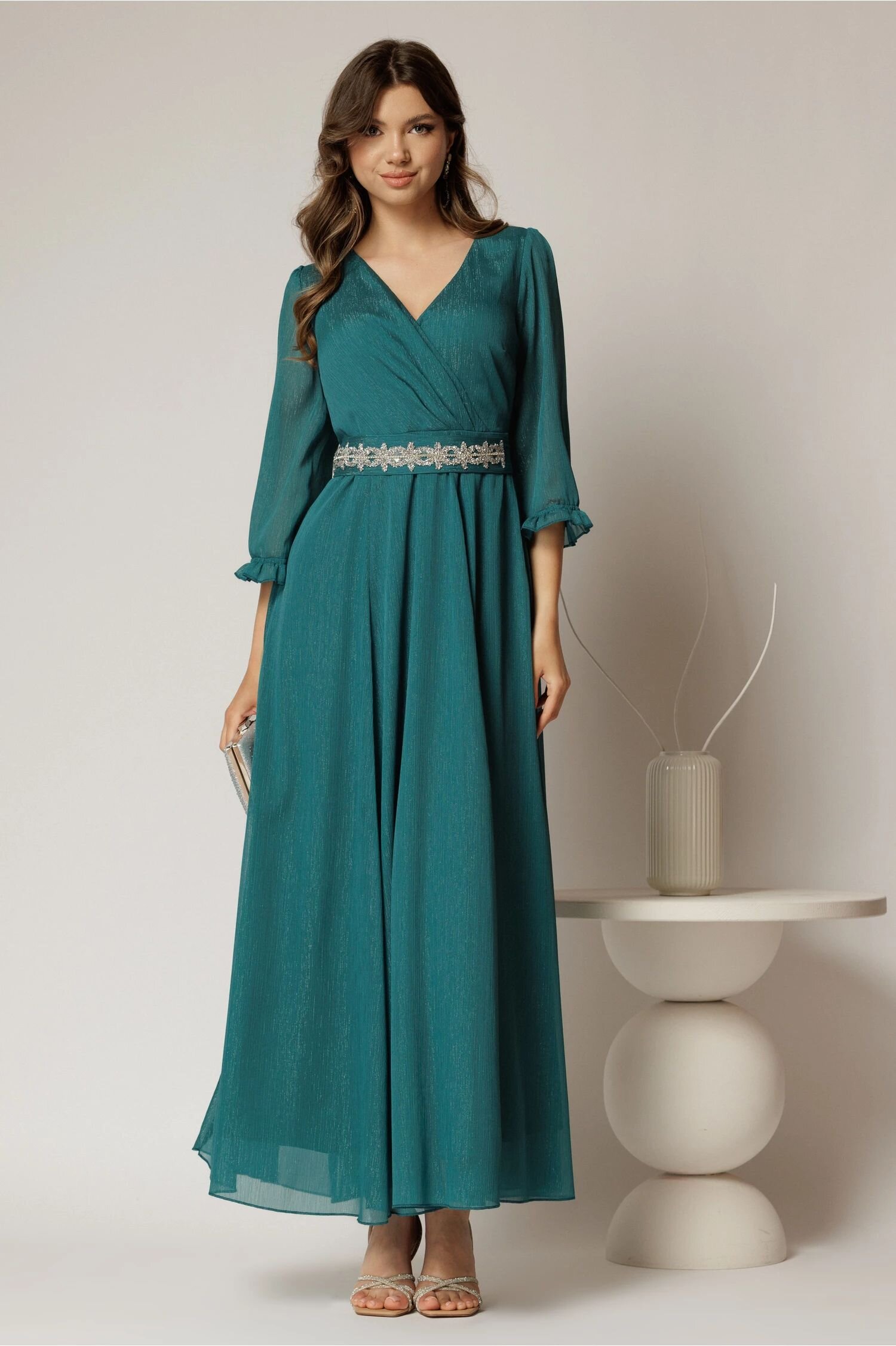  Rochie DY Fashion lunga verde din voal cu fir lurex