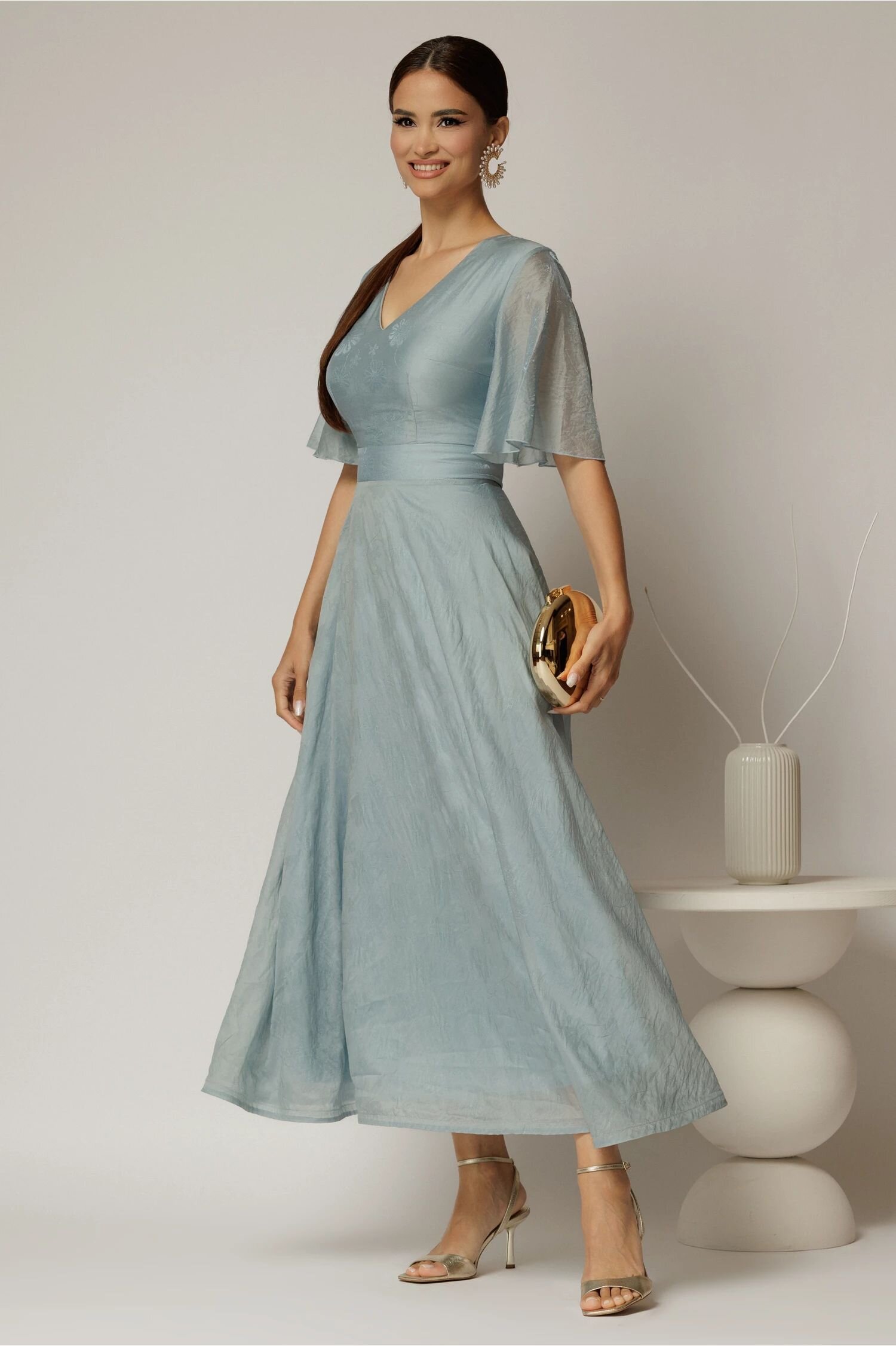  Rochie DY Fashion midi bleu din tencel cu insertii sidefate