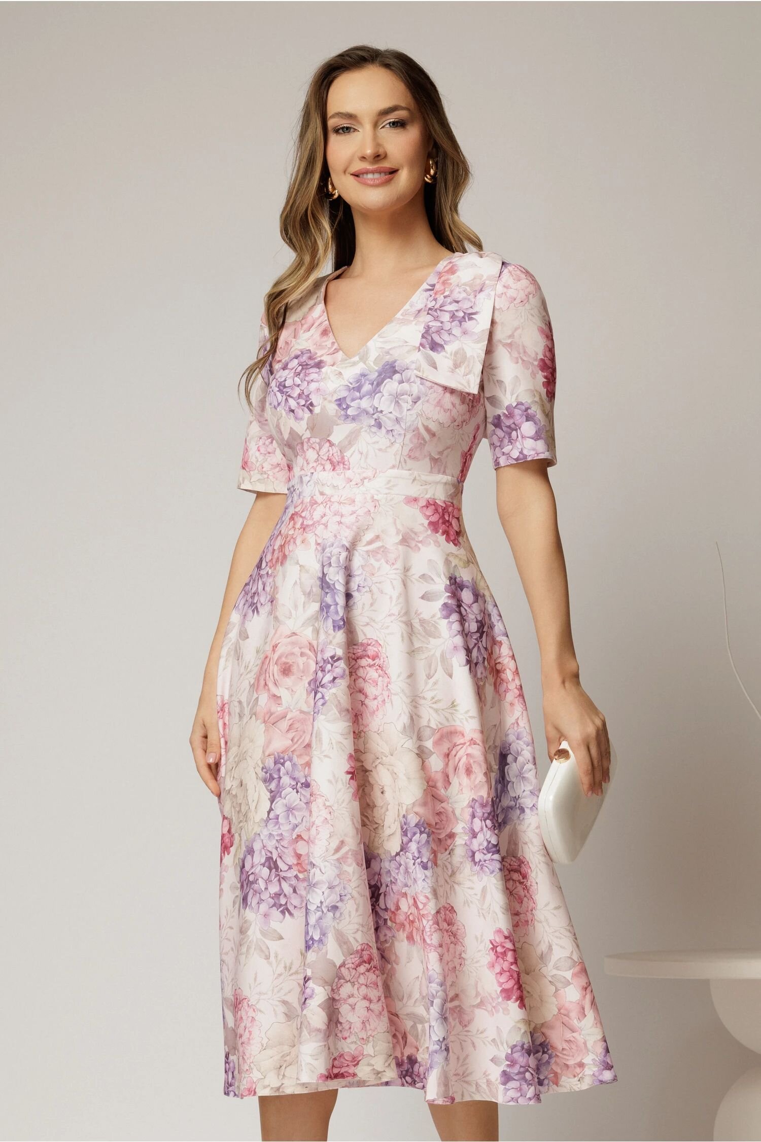  Rochie DY Fashion midi clos cu funda pe umar si print lila