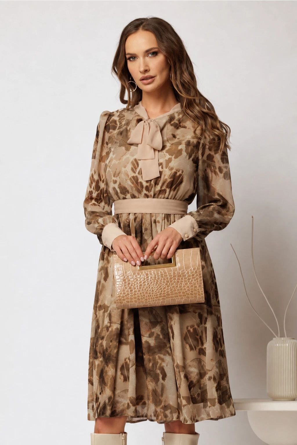  Rochie DY Fashion midi din voal cu imprimeuri bej si cordon in talie