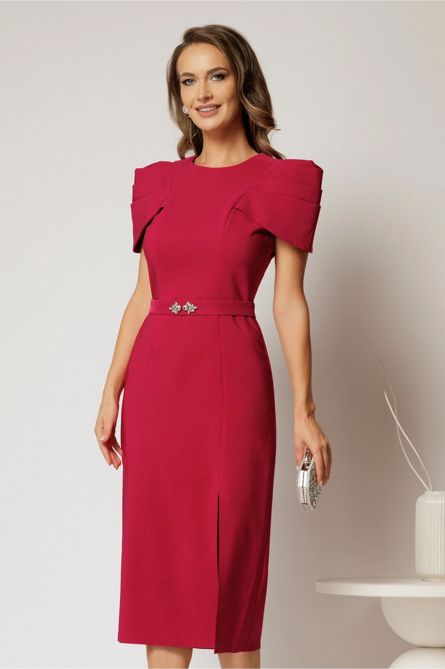  Rochie DY Fashion midi fucsia de ocazie cu umeri bufanti si cordon detasabil