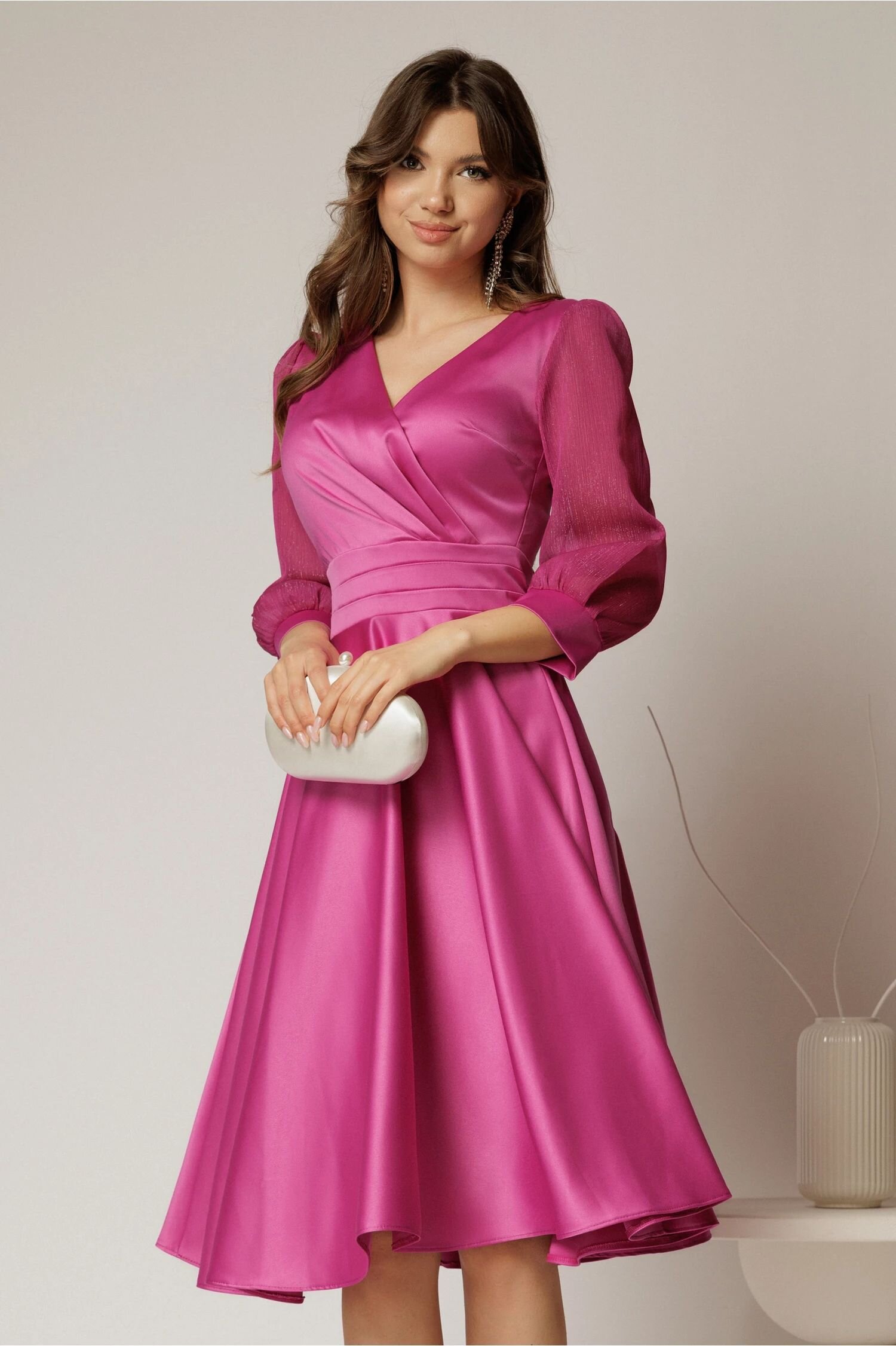  Rochie DY Fashion midi fucsia din tafta cu maneci din voal cu lurex