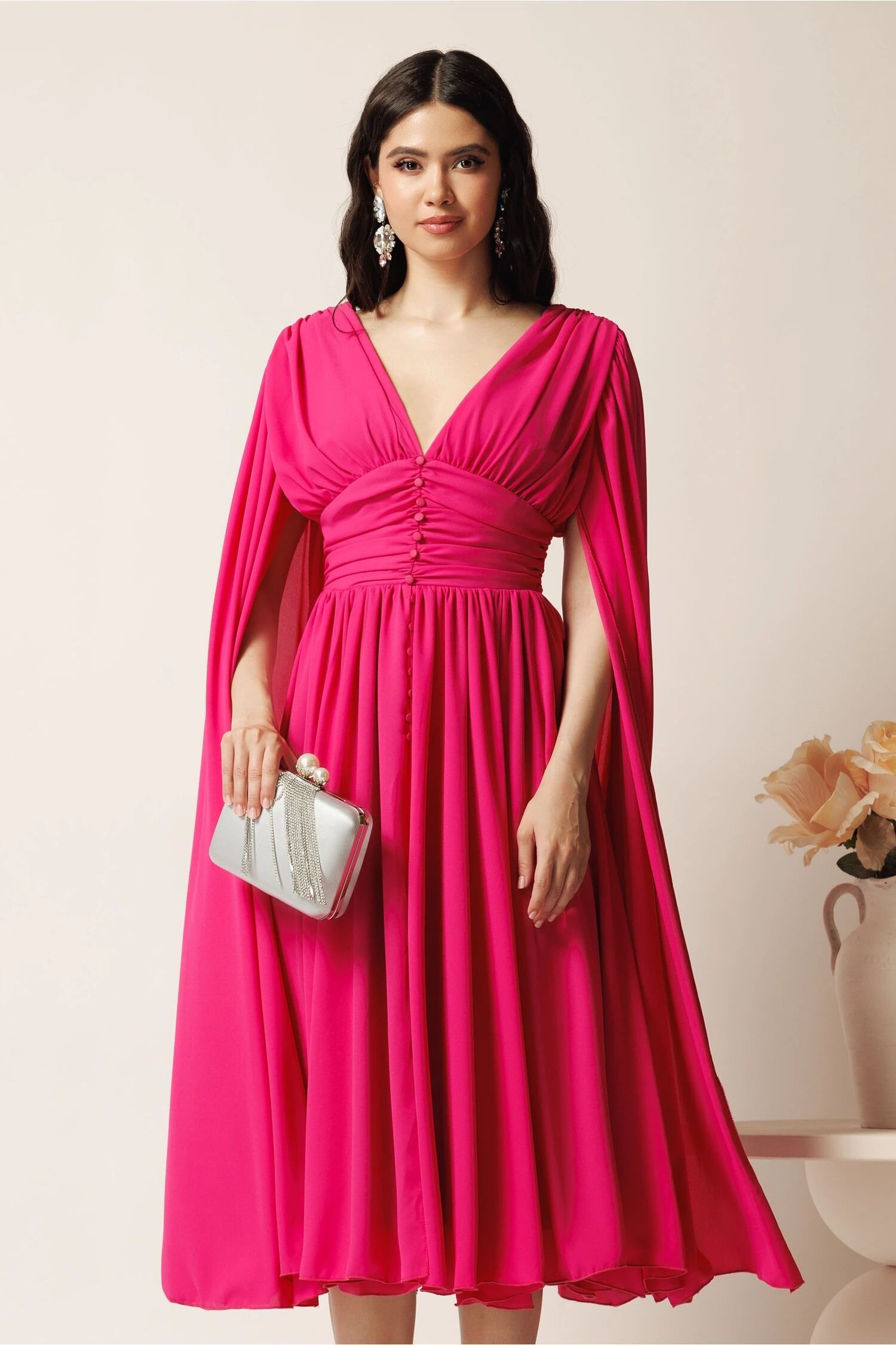  Rochie DY Fashion midi fucsia din voal in clos cu nasturi si maneci ample