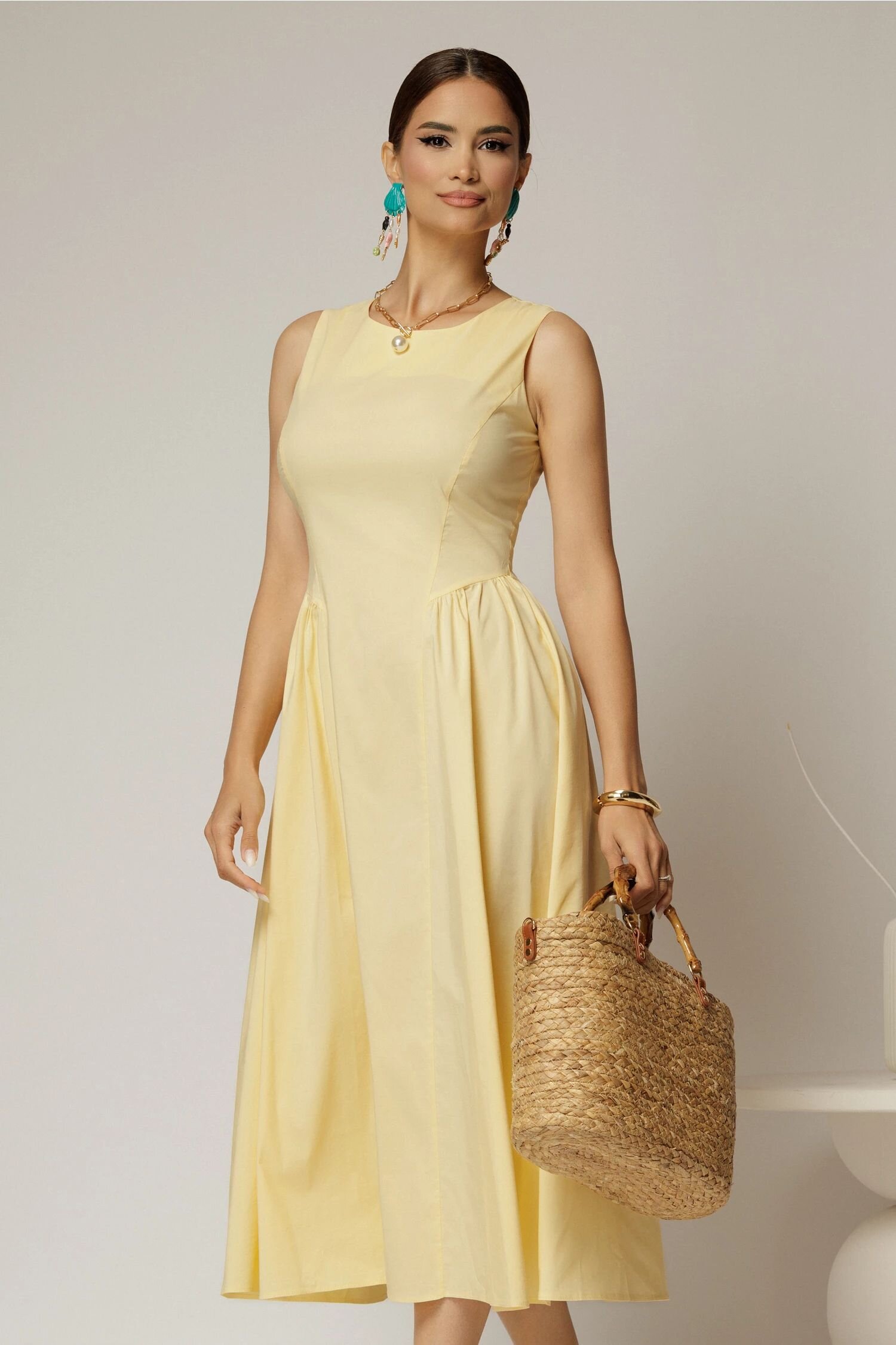  Rochie DY Fashion midi galbena din bumbac cu cret pe solduri