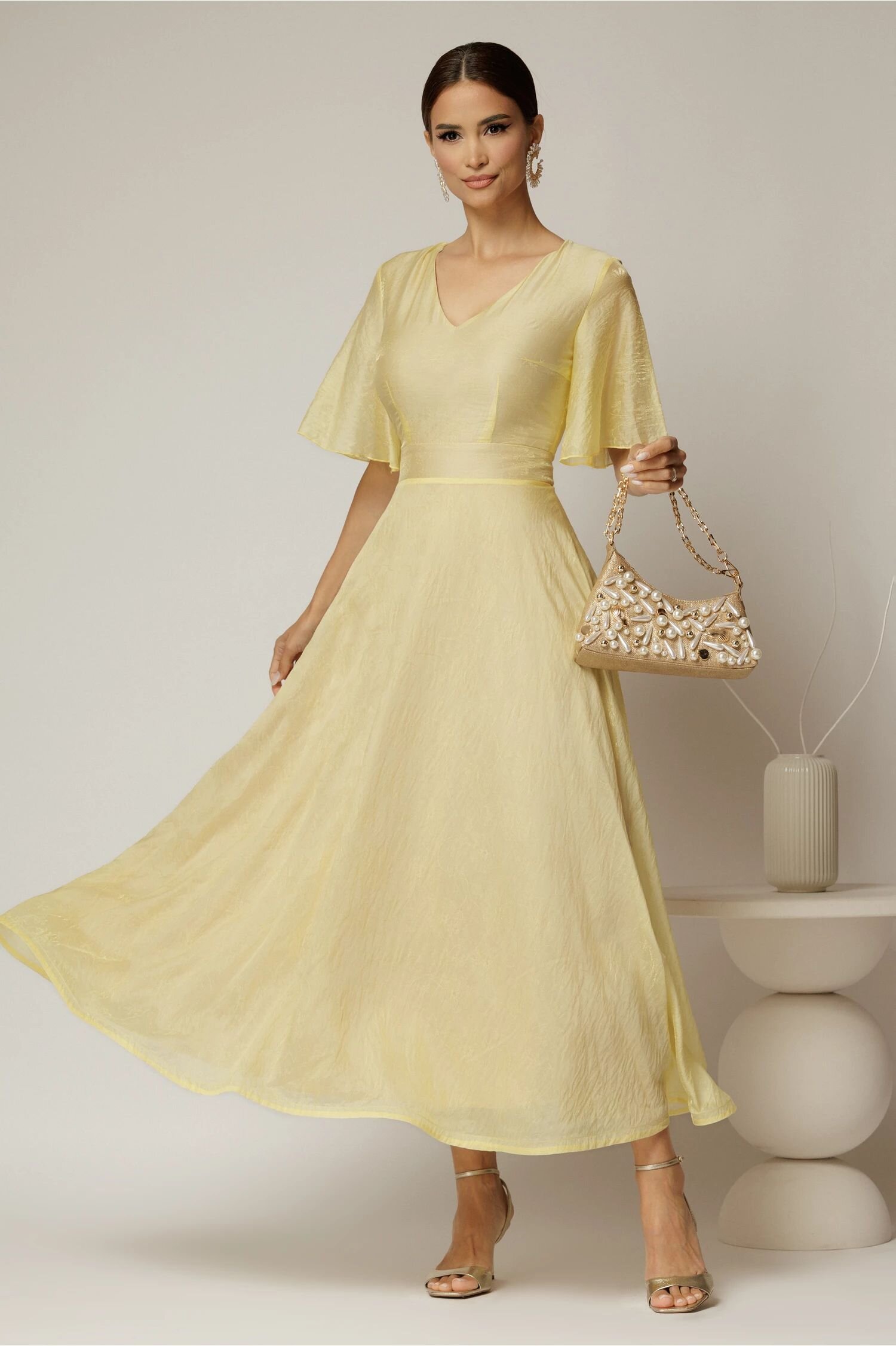  Rochie DY Fashion midi galbena din tencel cu insertii sidefate