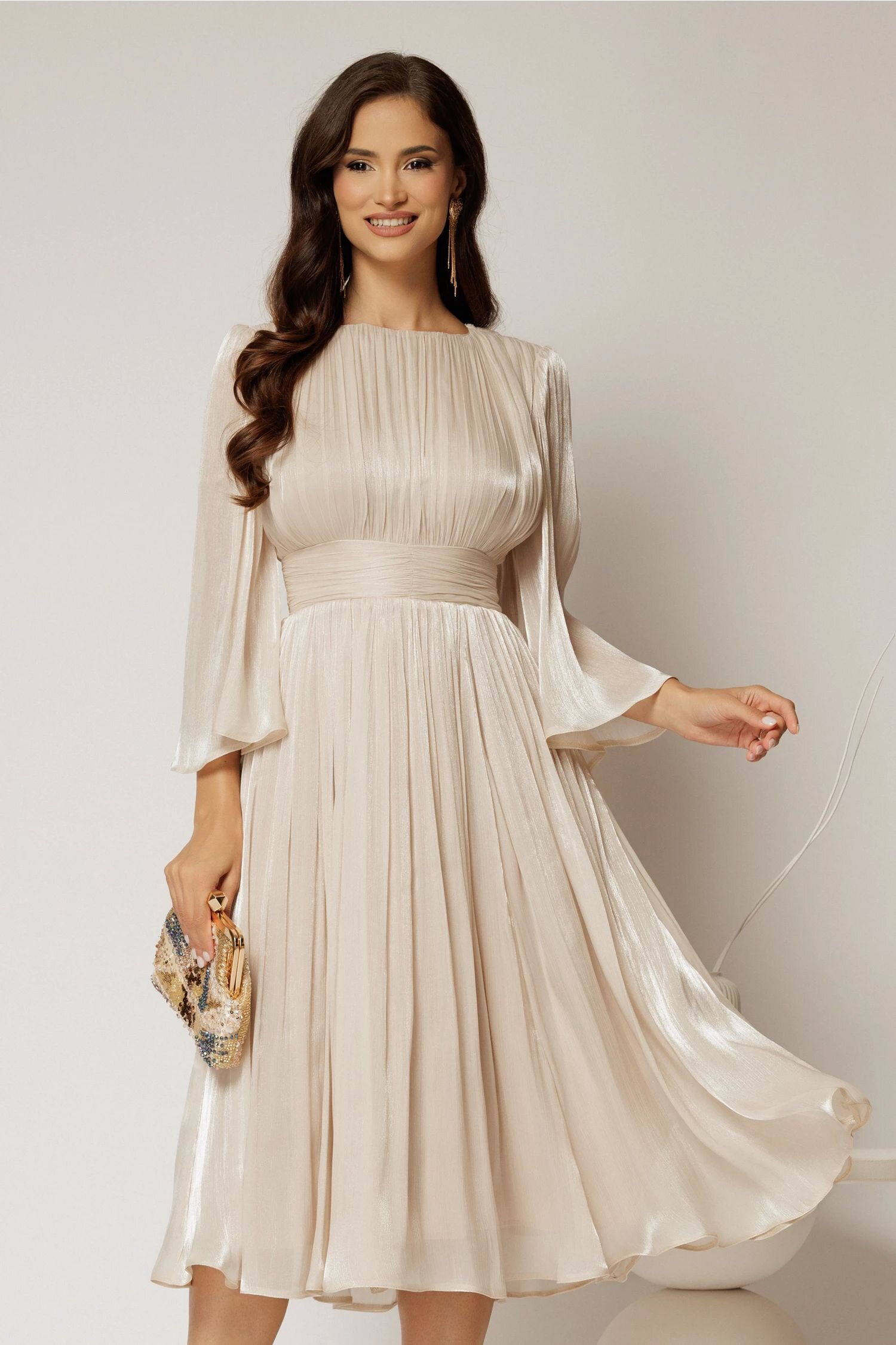 Rochie DY Fashion midi ivoar din voal peliculizat cu maneci ample