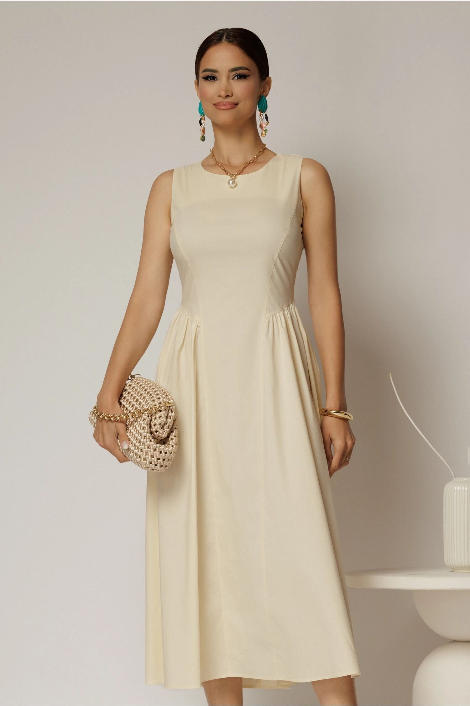  Rochie DY Fashion midi ivoar unt din bumbac cu cret pe solduri