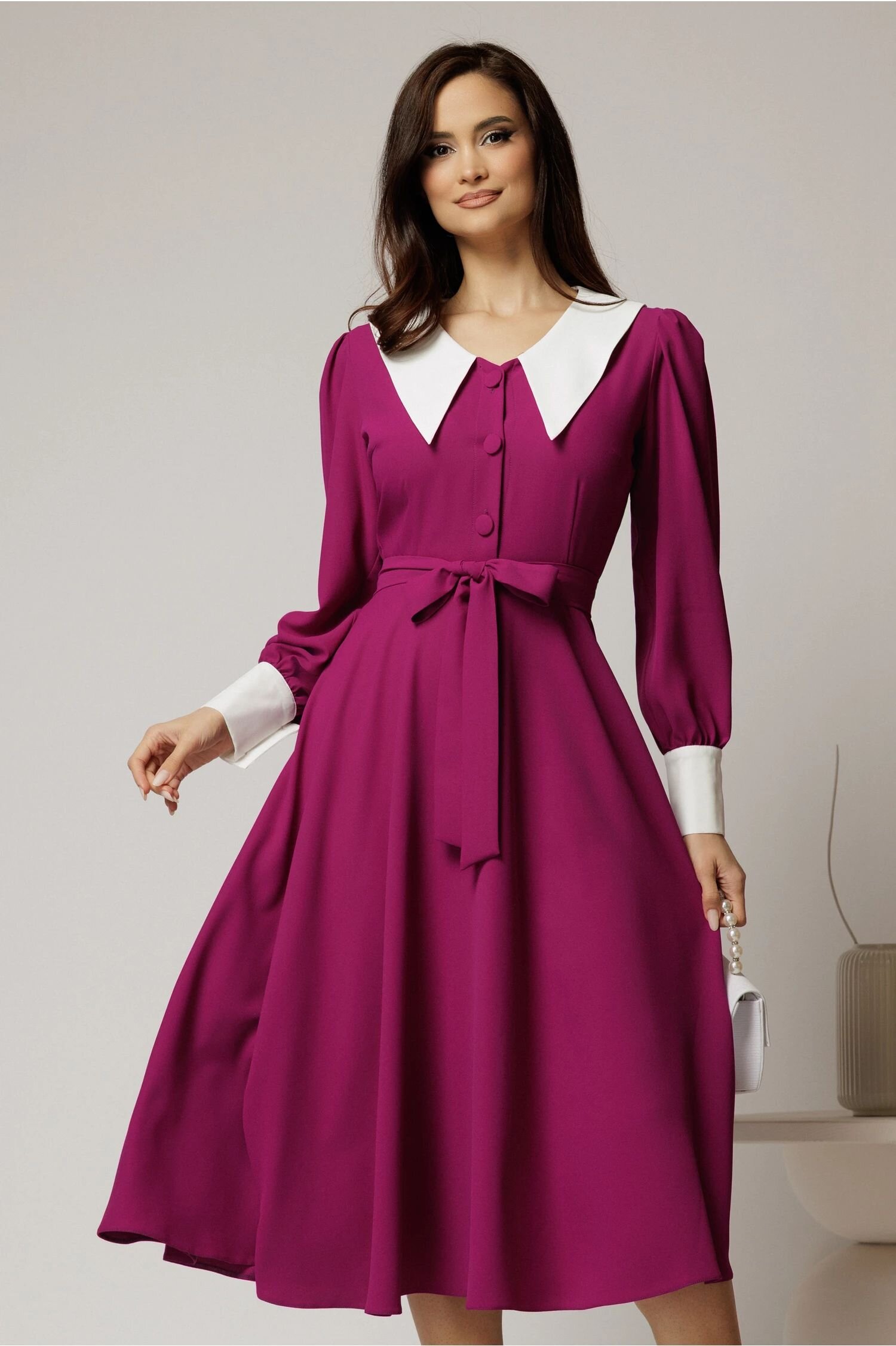  Rochie DY Fashion midi magenta cu guler si mansete in contrast