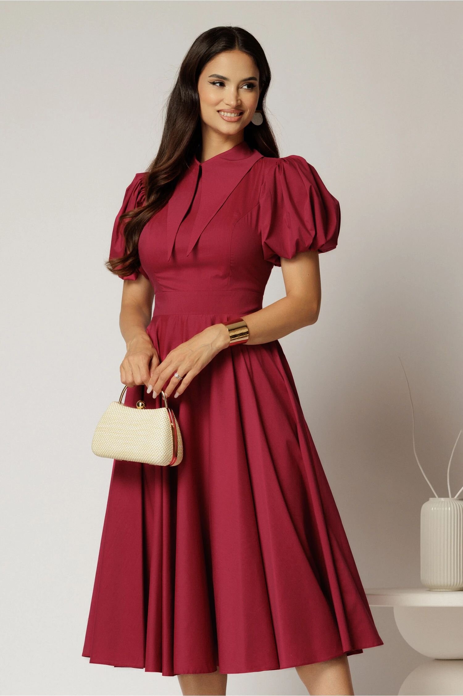  Rochie DY Fashion midi magenta din poplin cu guler ascutit si maneci scurte bufante