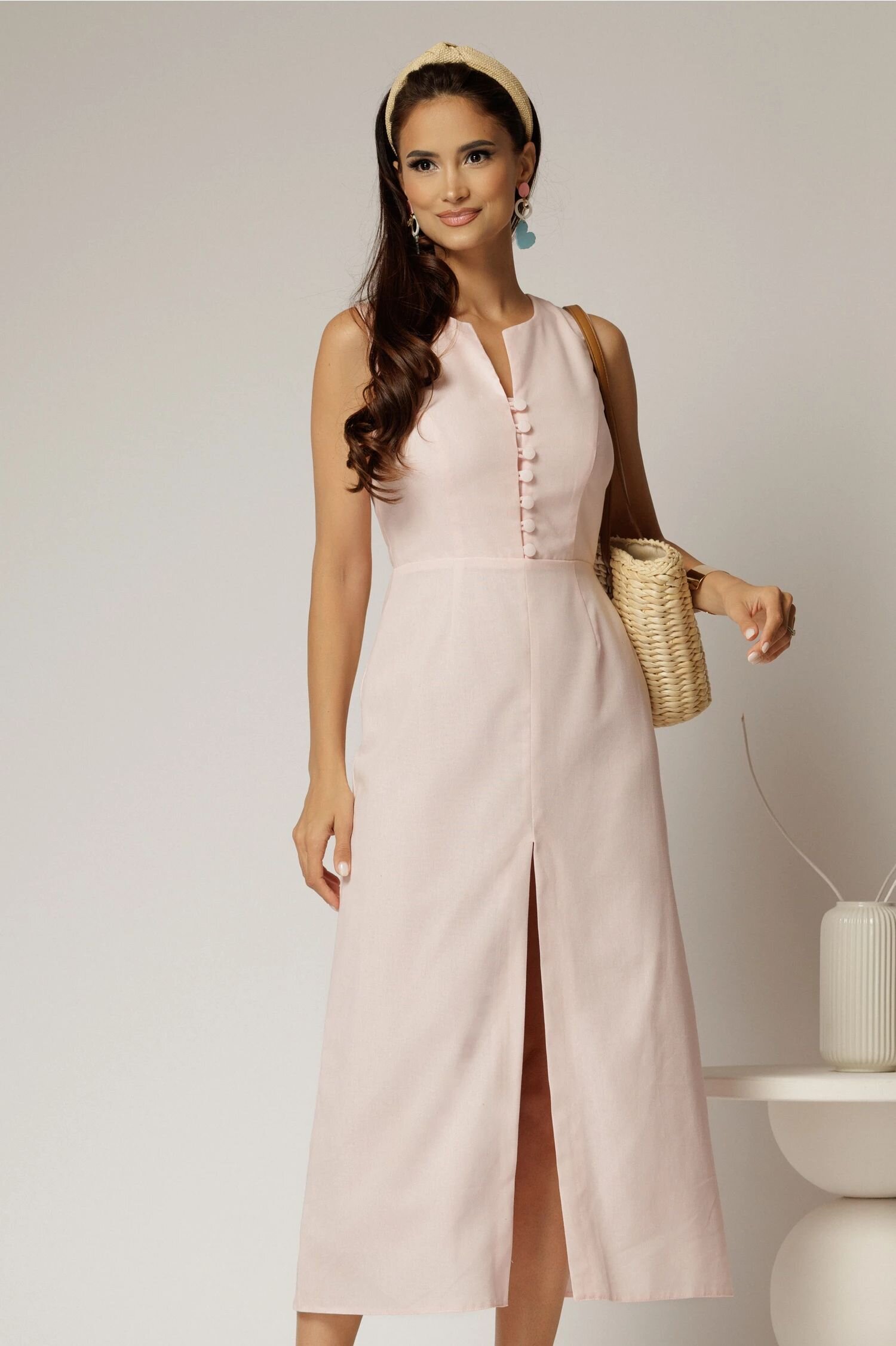  Rochie DY Fashion midi roz din in cu nasturi pe bust fara maneci
