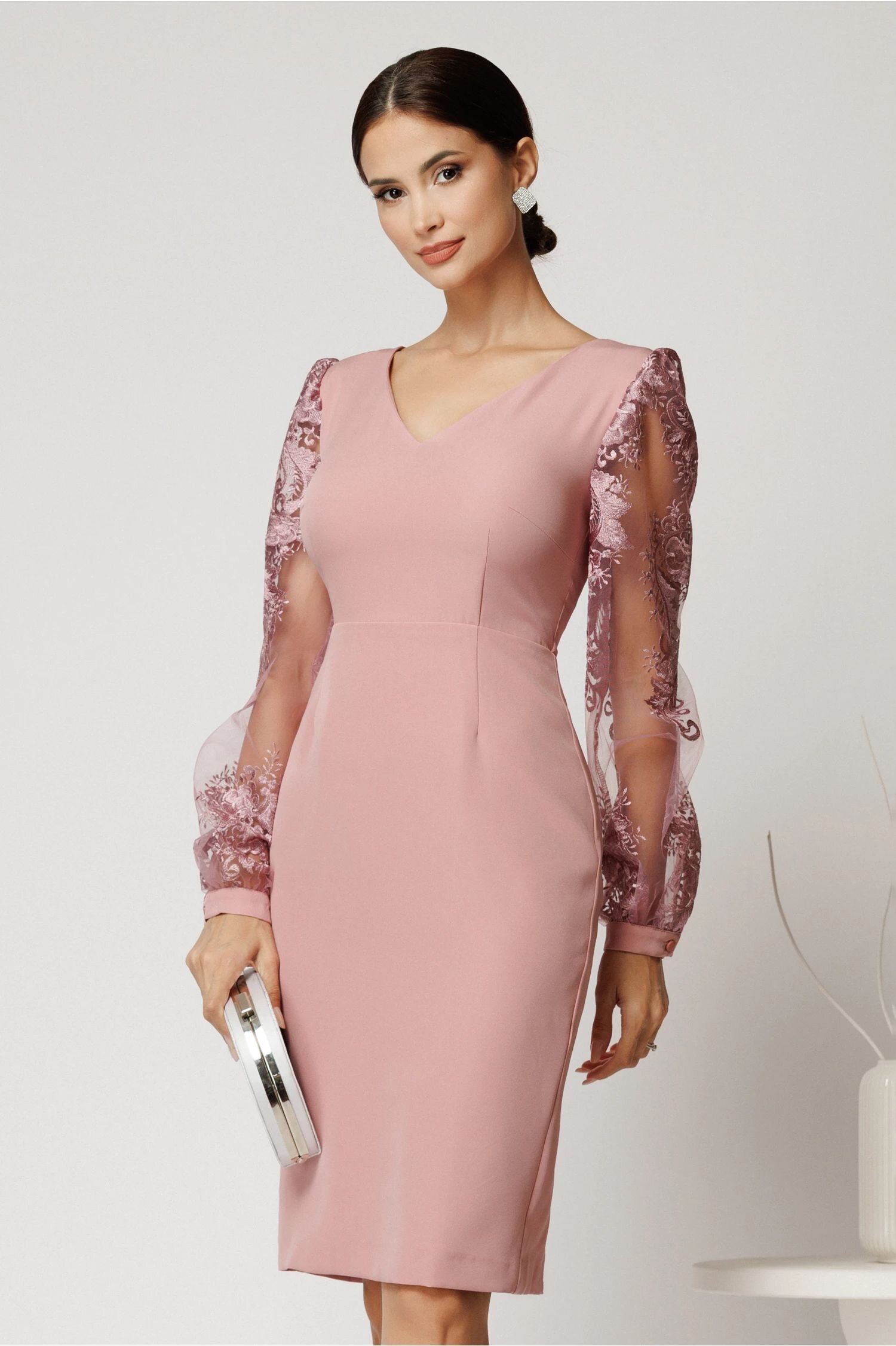  Rochie DY Fashion midi roz din stofa conica cu maneci din dantela