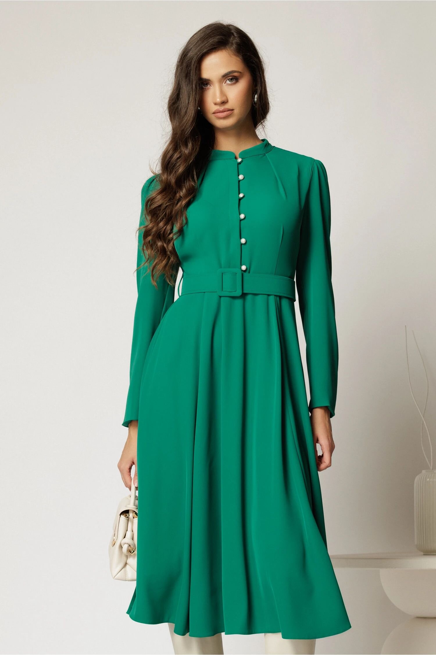  Rochie DY Fashion midi verde eleganta cu nasturi si curea in talie
