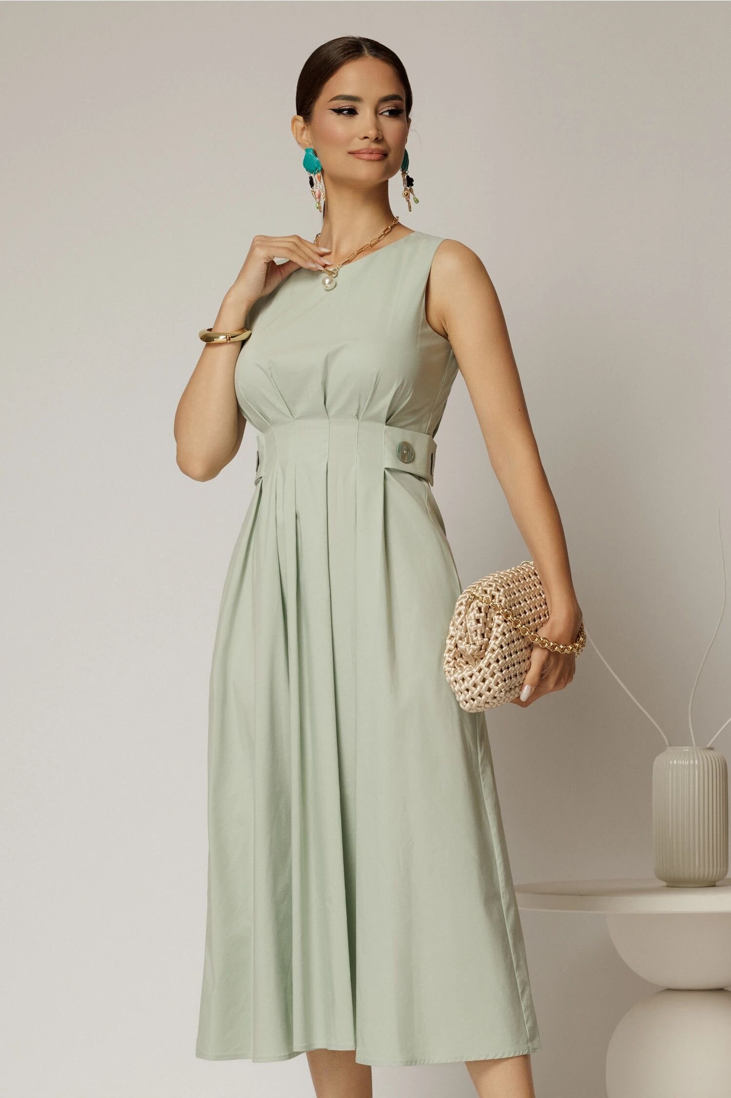  Rochie DY Fashion midi verde fistic din bumbac cu nasturi si cusaturi pe talie