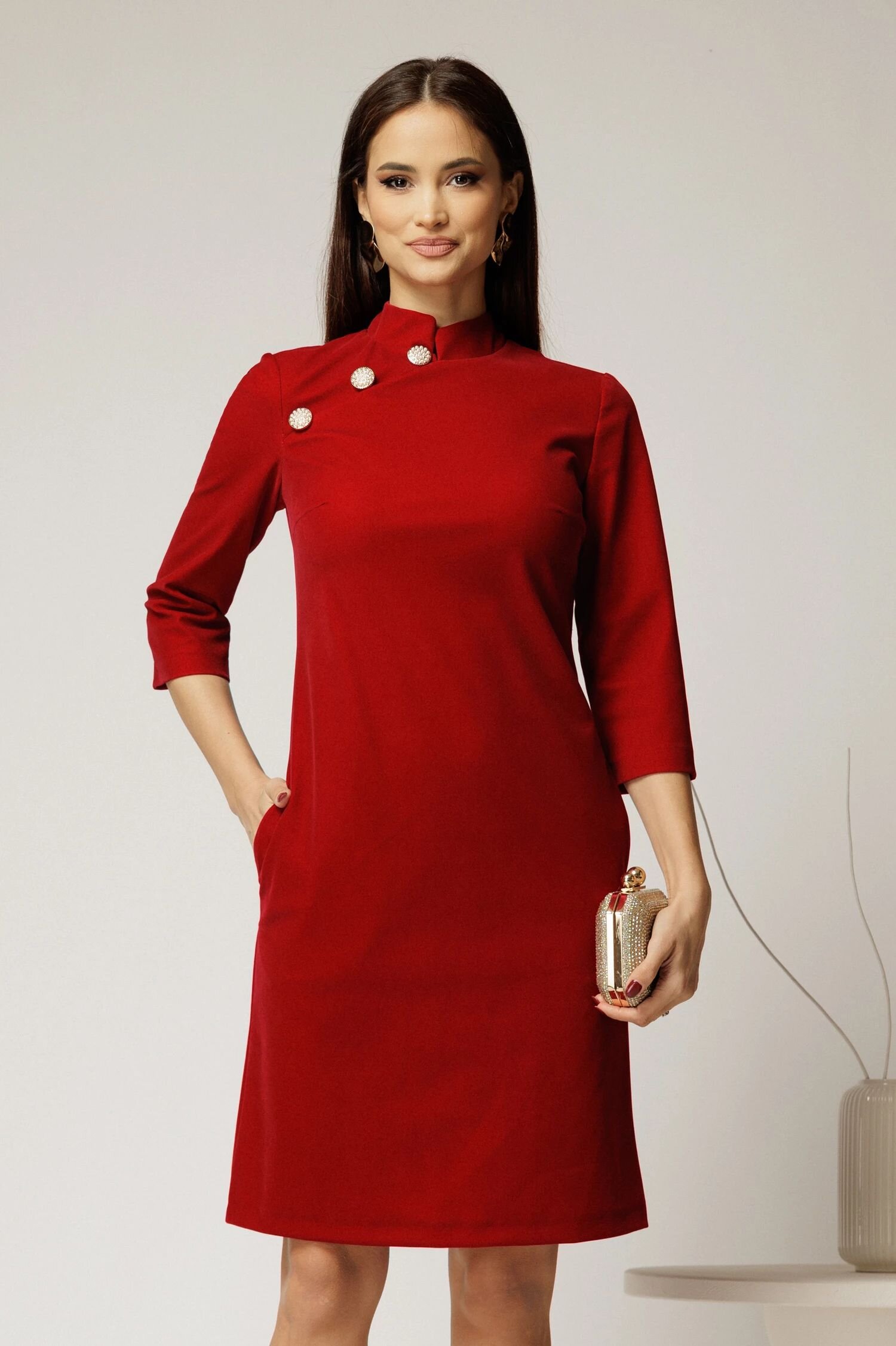  Rochie DY Fashion rosie din catifea fixa cu guler tunica si nasturi