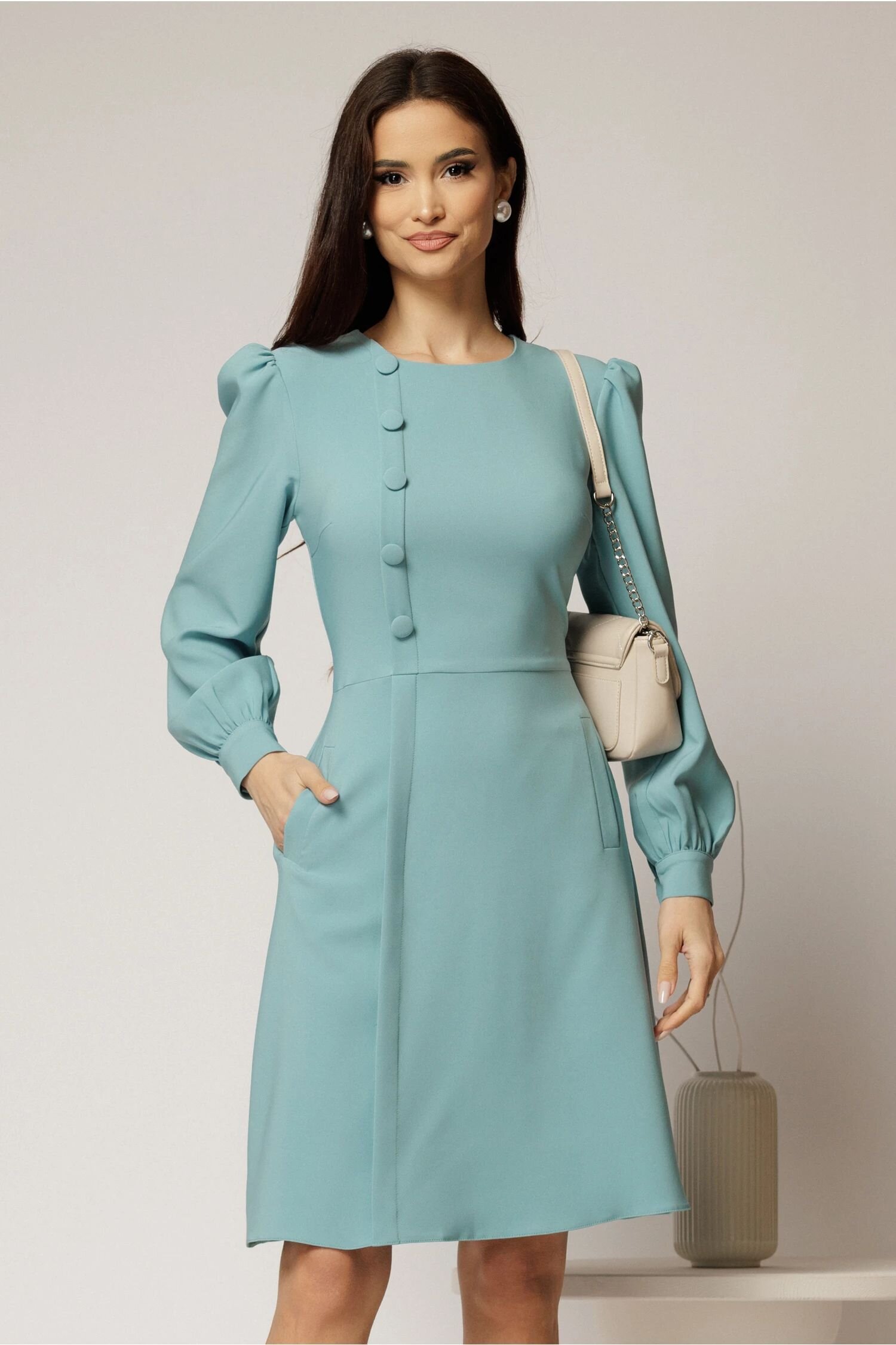  Rochie DY Fashion scurta bleu cu nasturi pe bust si fusta tip A