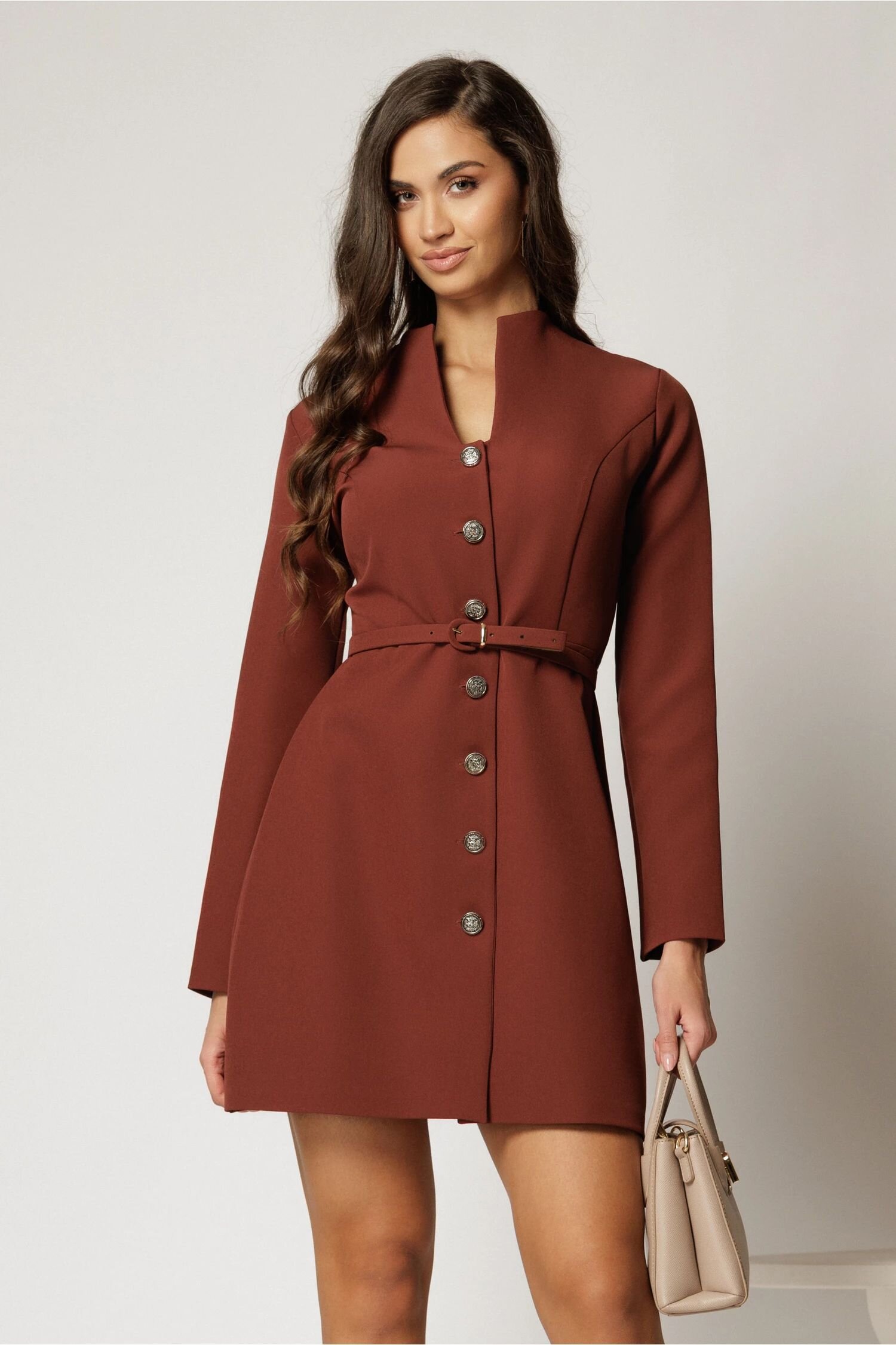  Rochie DY Fashion scurta caramizie cu decolteu si nasturi
