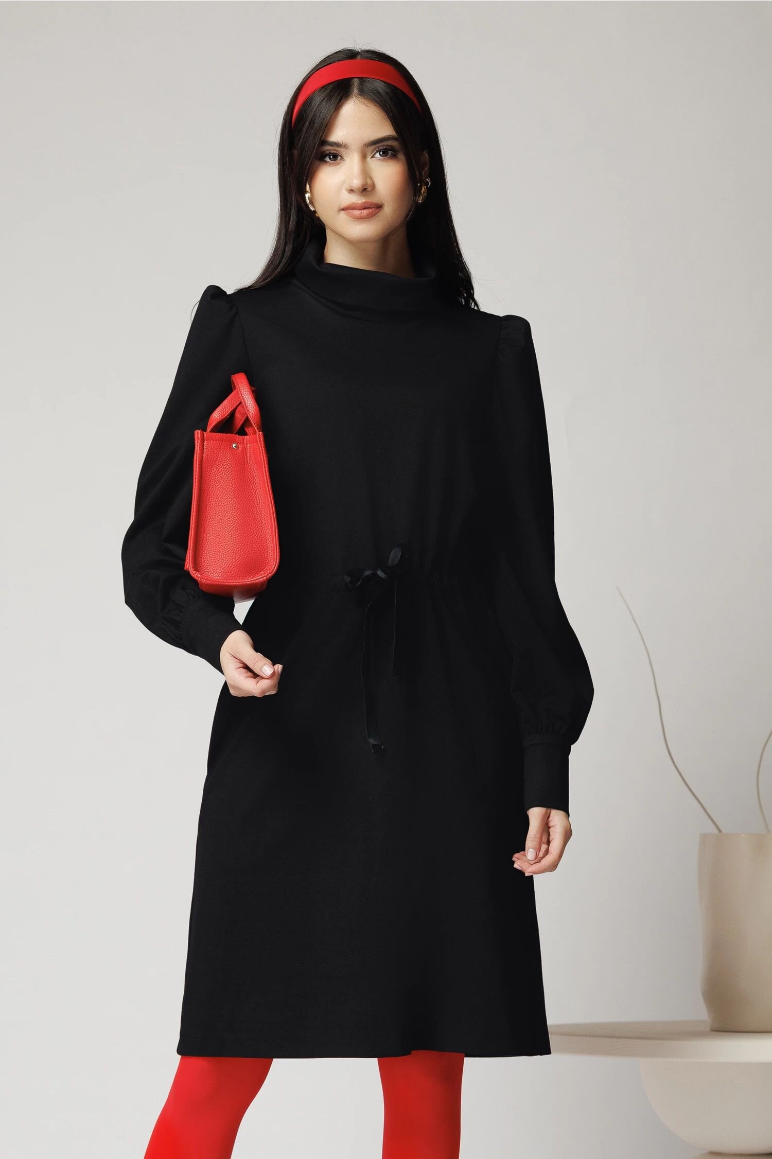  Rochie DY Fashion smart-casual din jerse neagra cu snur in talie