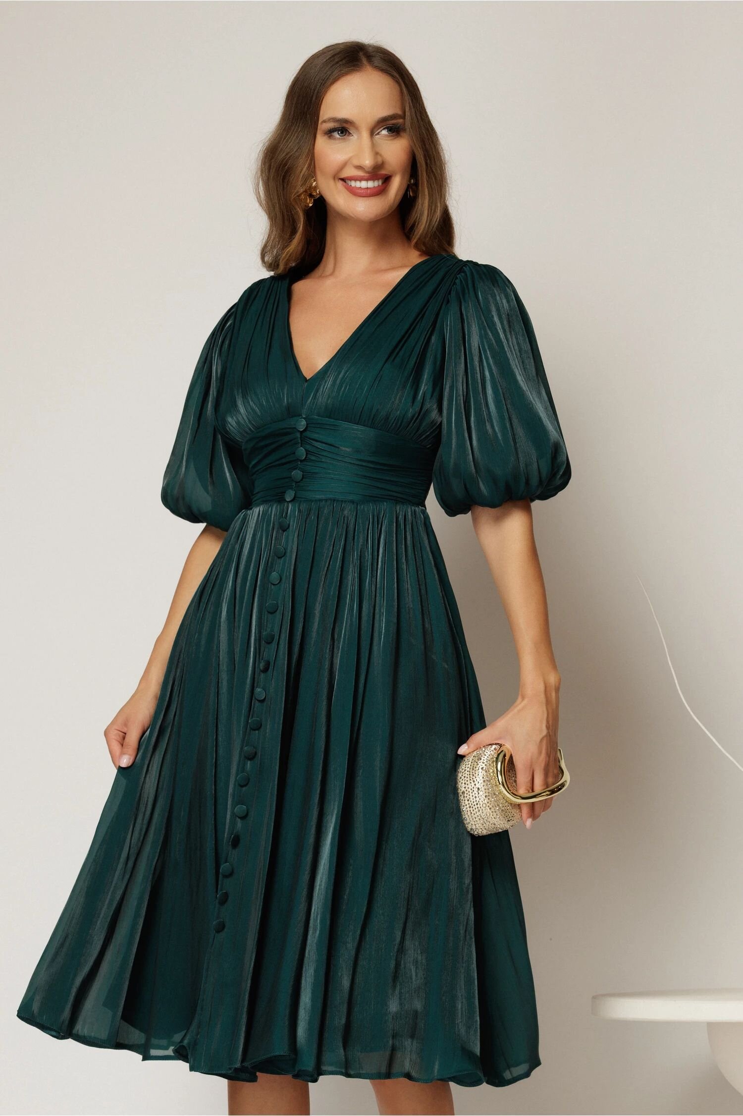  Rochie DY Fashion turcoaz cu decolteu adanc si nasturi din voal peliculizat