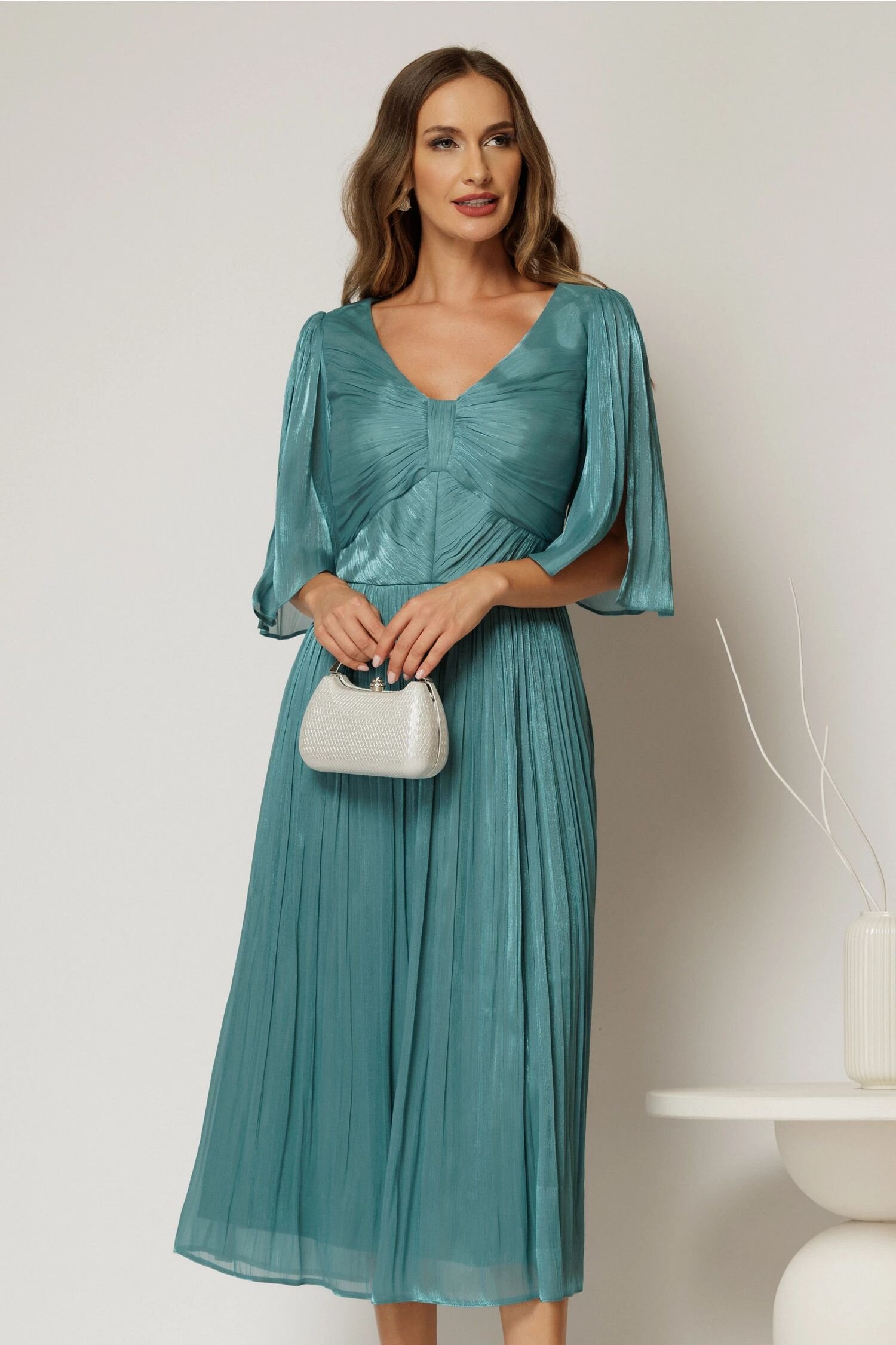  Rochie eleganta turcoaz midi din voal peliculizat cu maneci ample