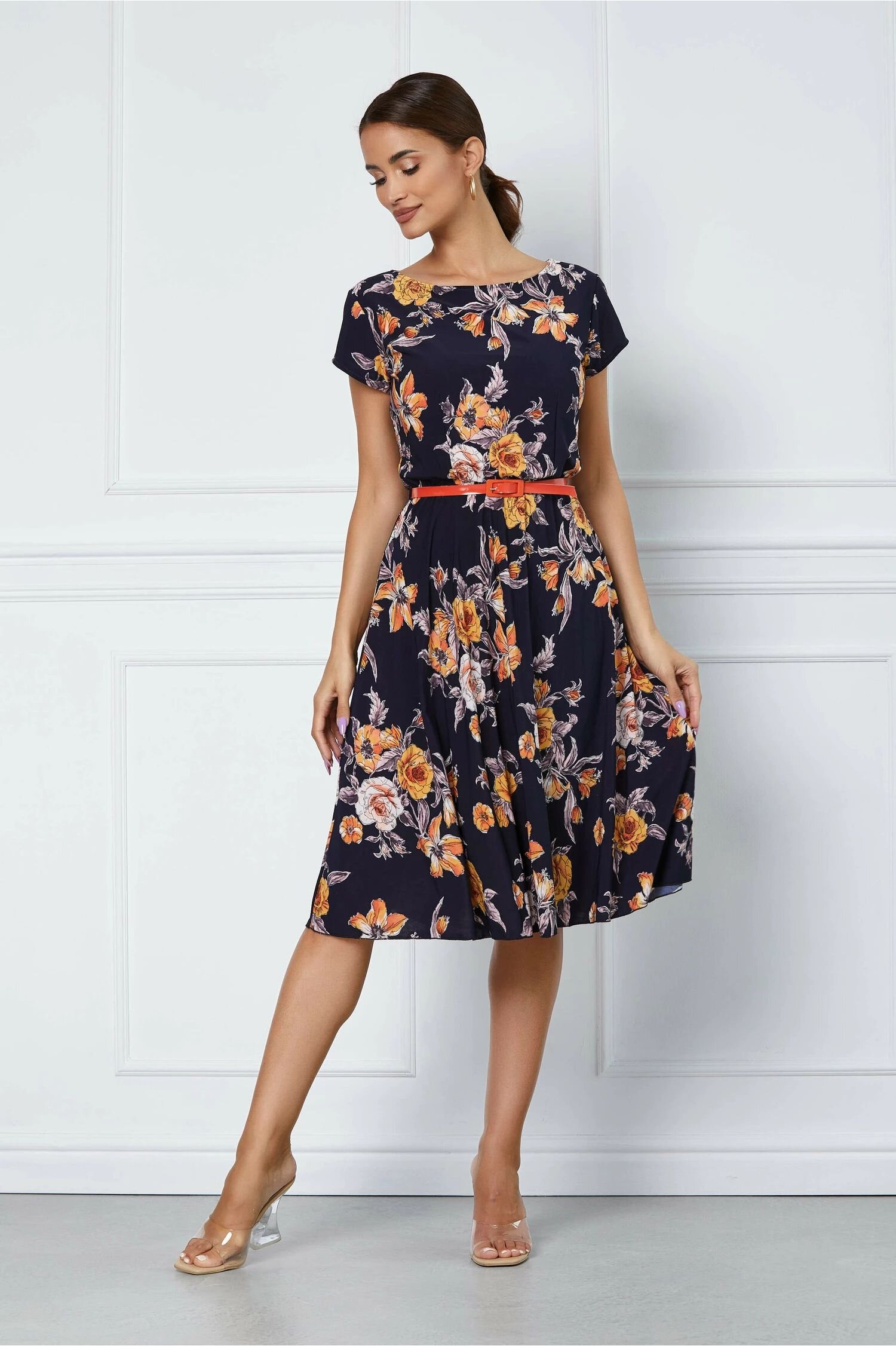  Rochie Flori bleumarin cu flori orange