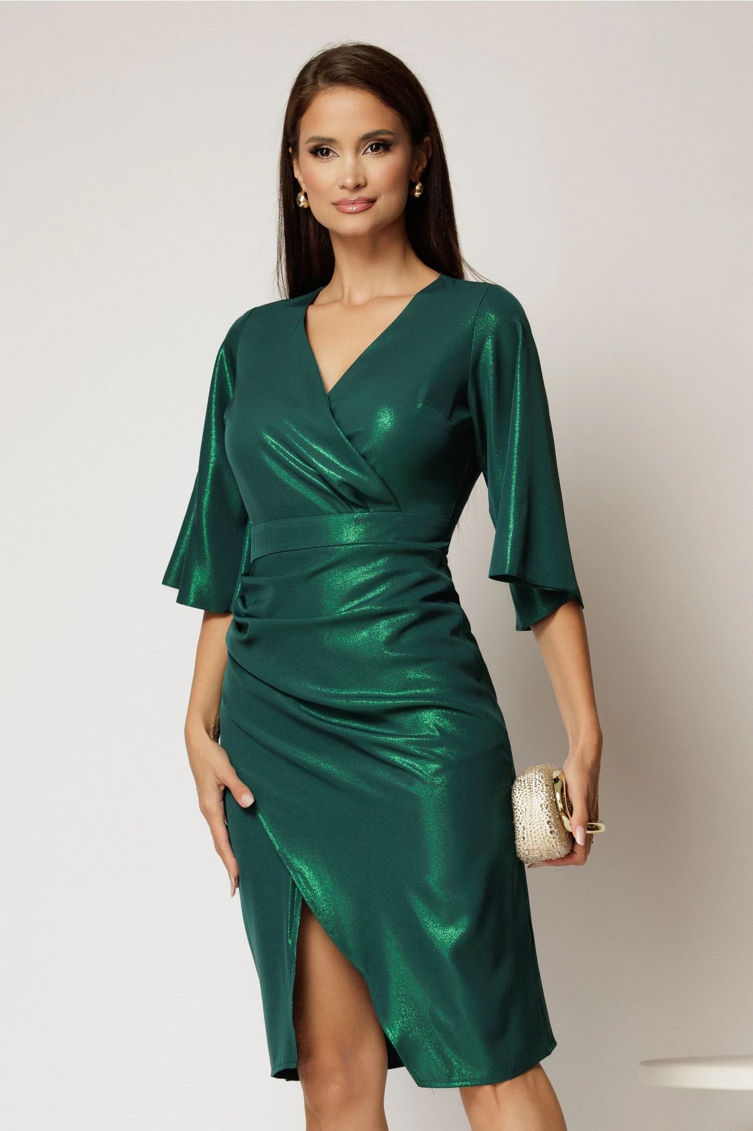  Rochie Lenna verde din voal plin peliculizat cu maneci ample
